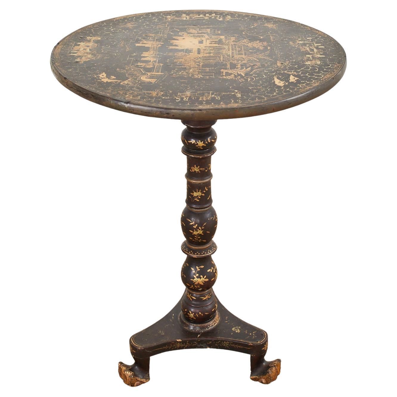 English Chinoiserie Tilt Top Pedestal Tripod Table For Sale