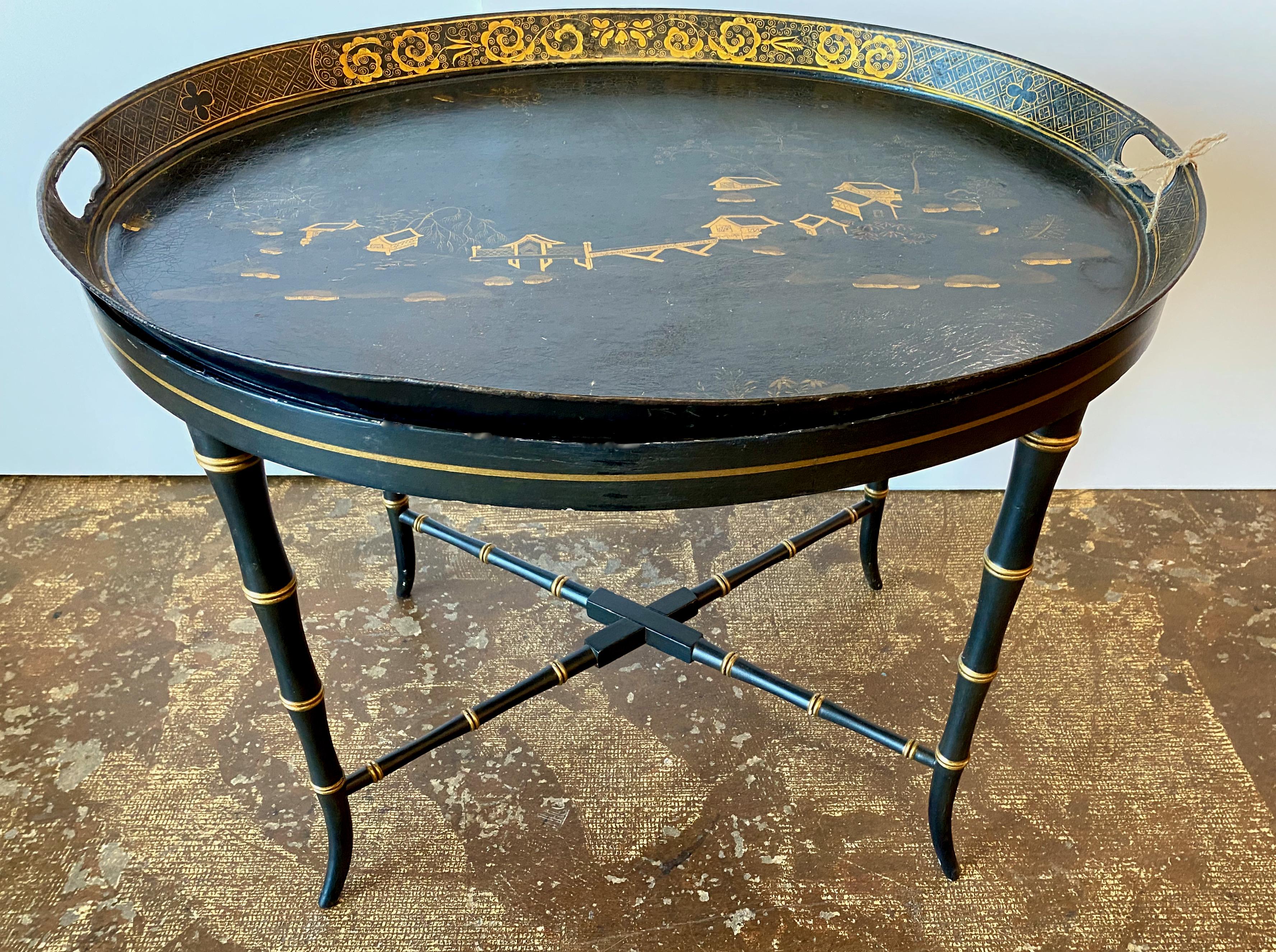 Victorian English Chinoiserie Tole Tray Table For Sale