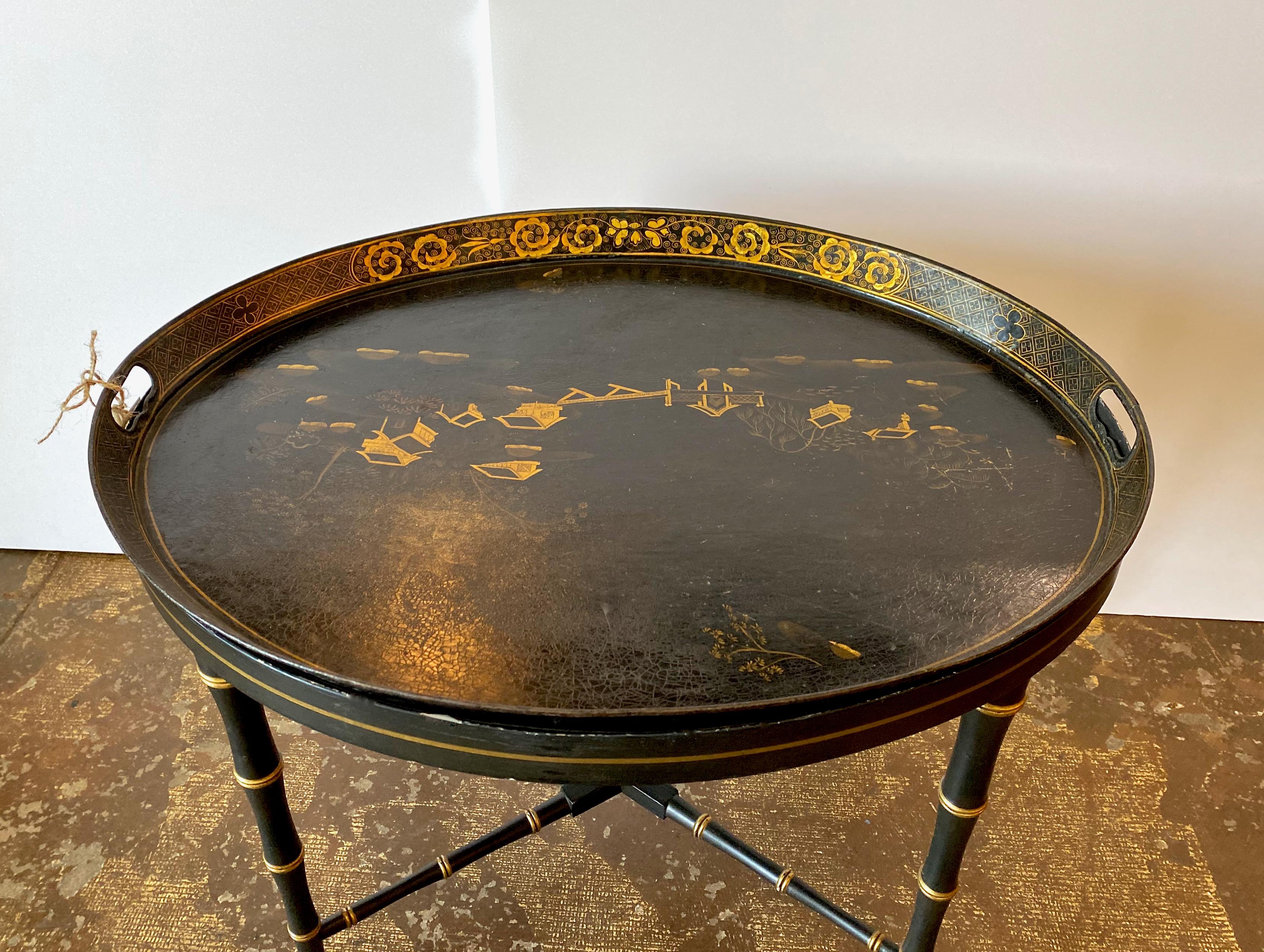 Hand-Painted English Chinoiserie Tole Tray Table For Sale