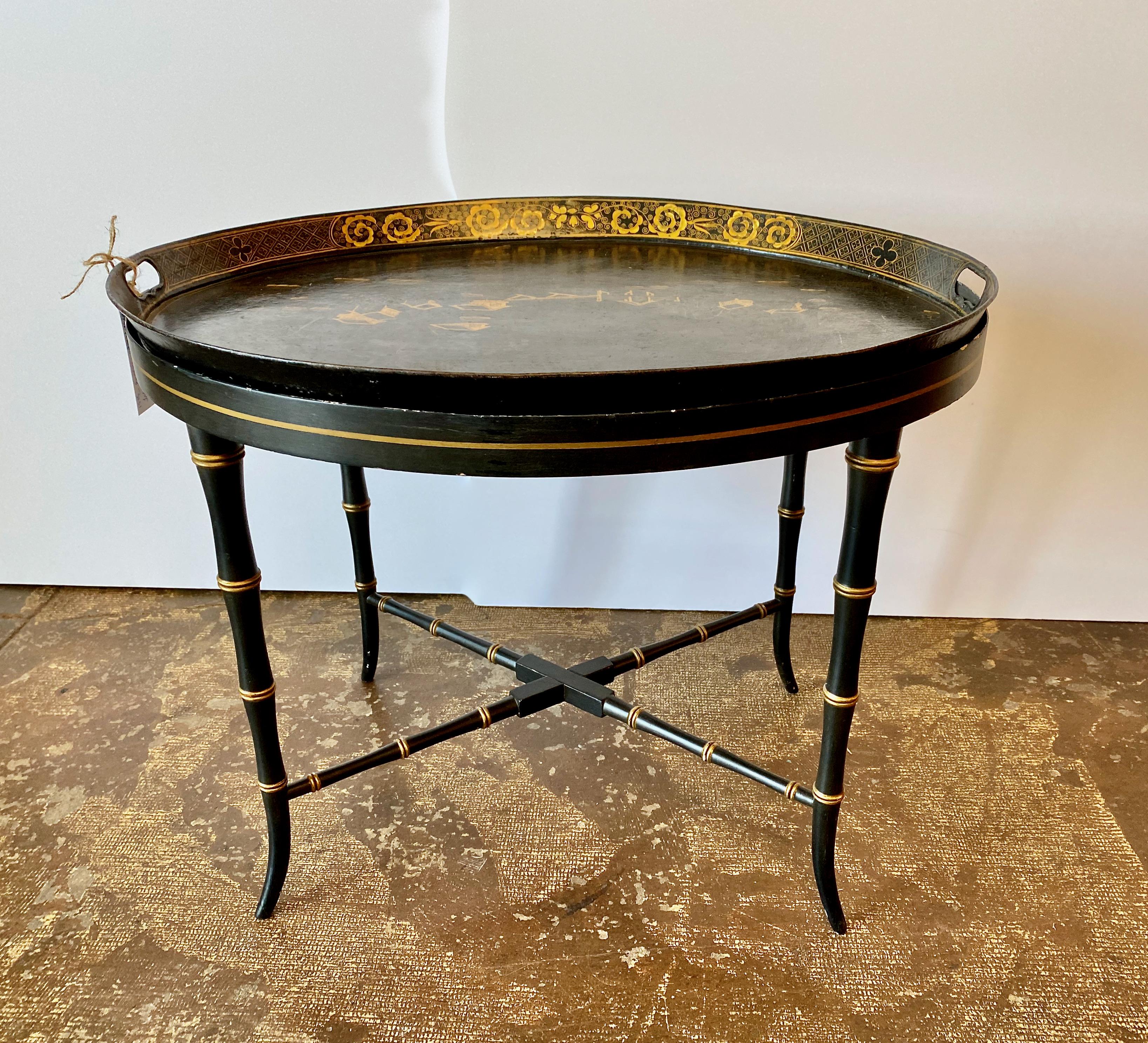 Metal English Chinoiserie Tole Tray Table For Sale