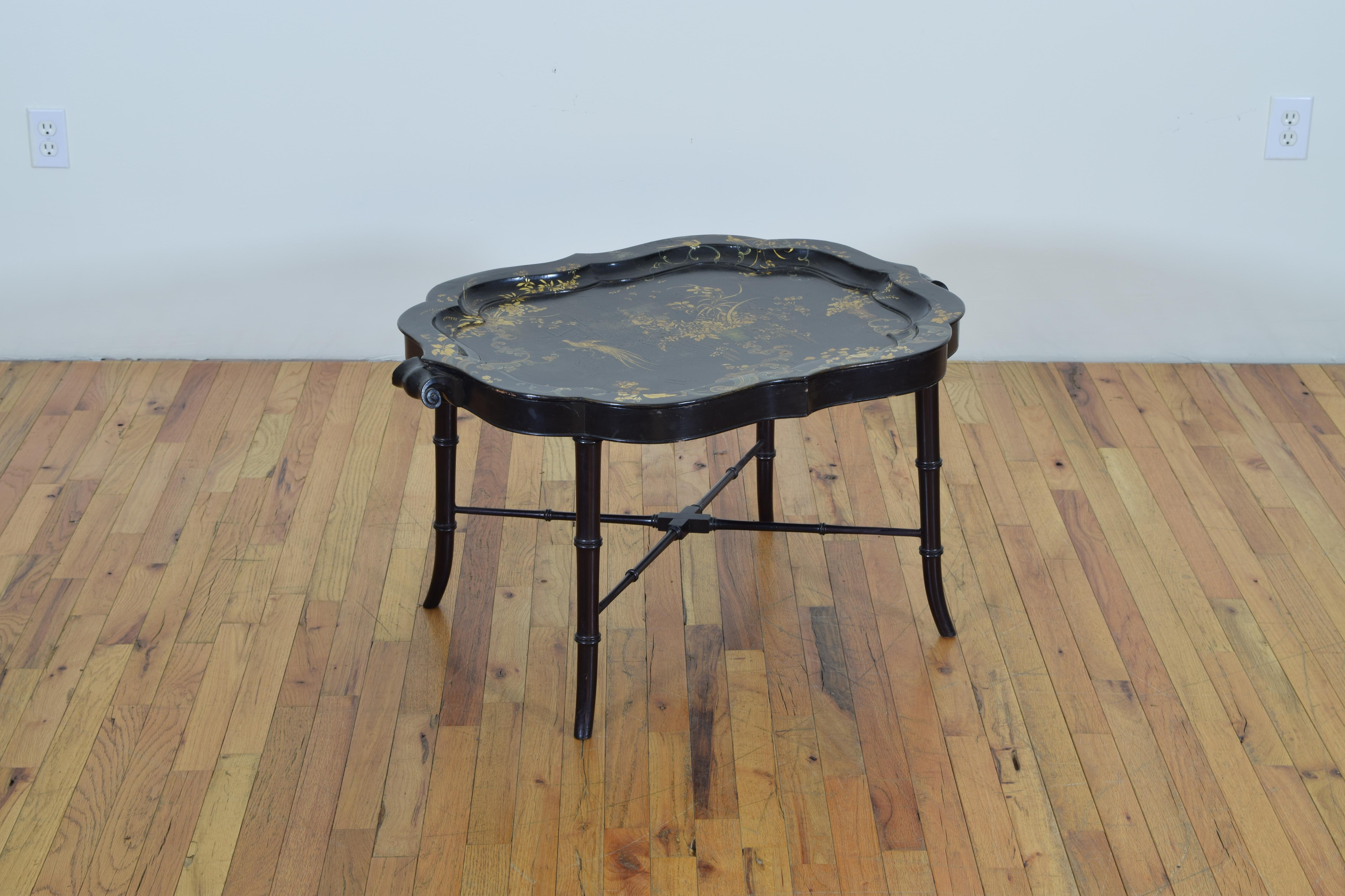 English scalloped papier mâché hand-painted and gilt decorated tray faux bamboo table stand.