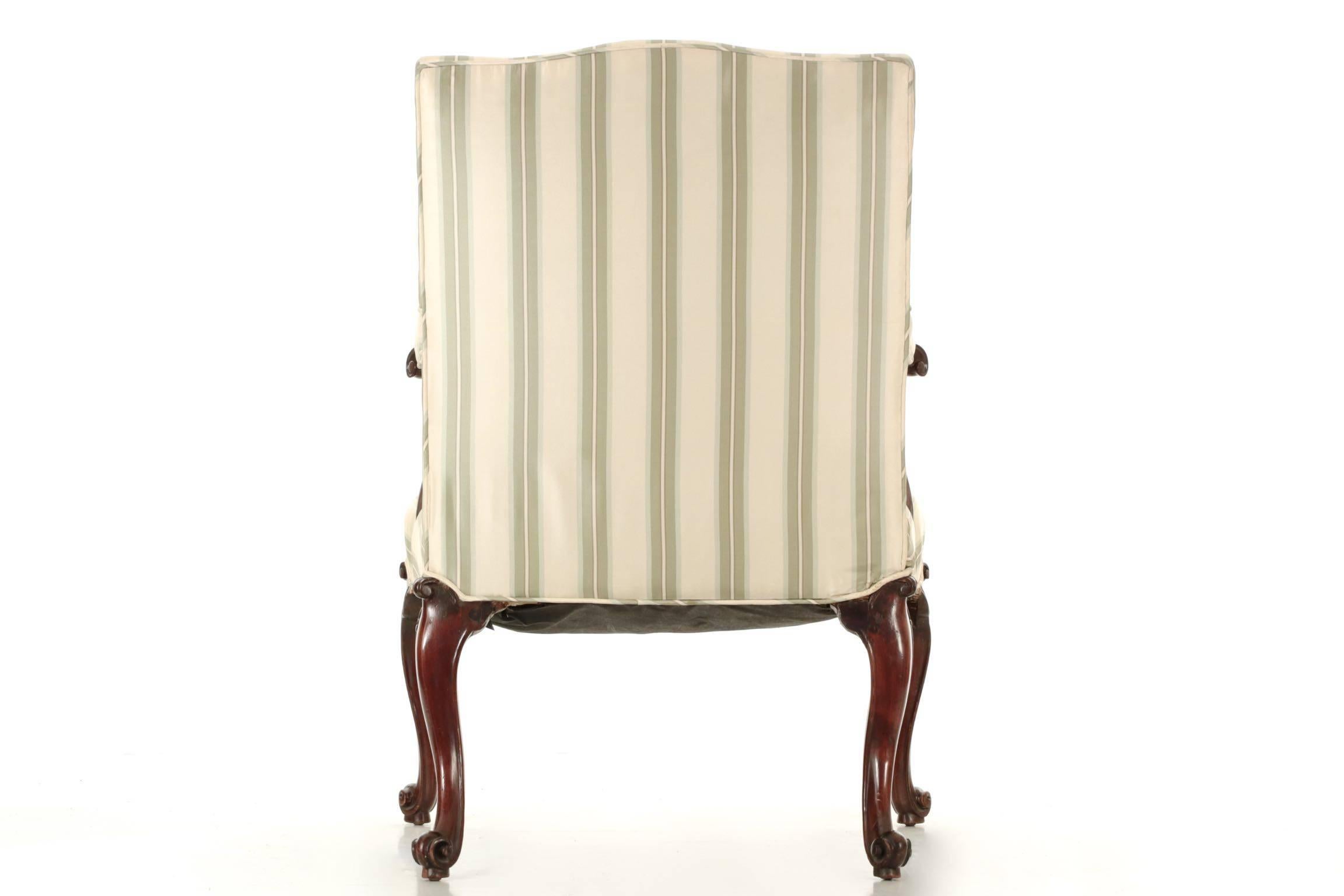 Fabric English Chippendale Antique Mahogany Lolling Armchair, 18th Century