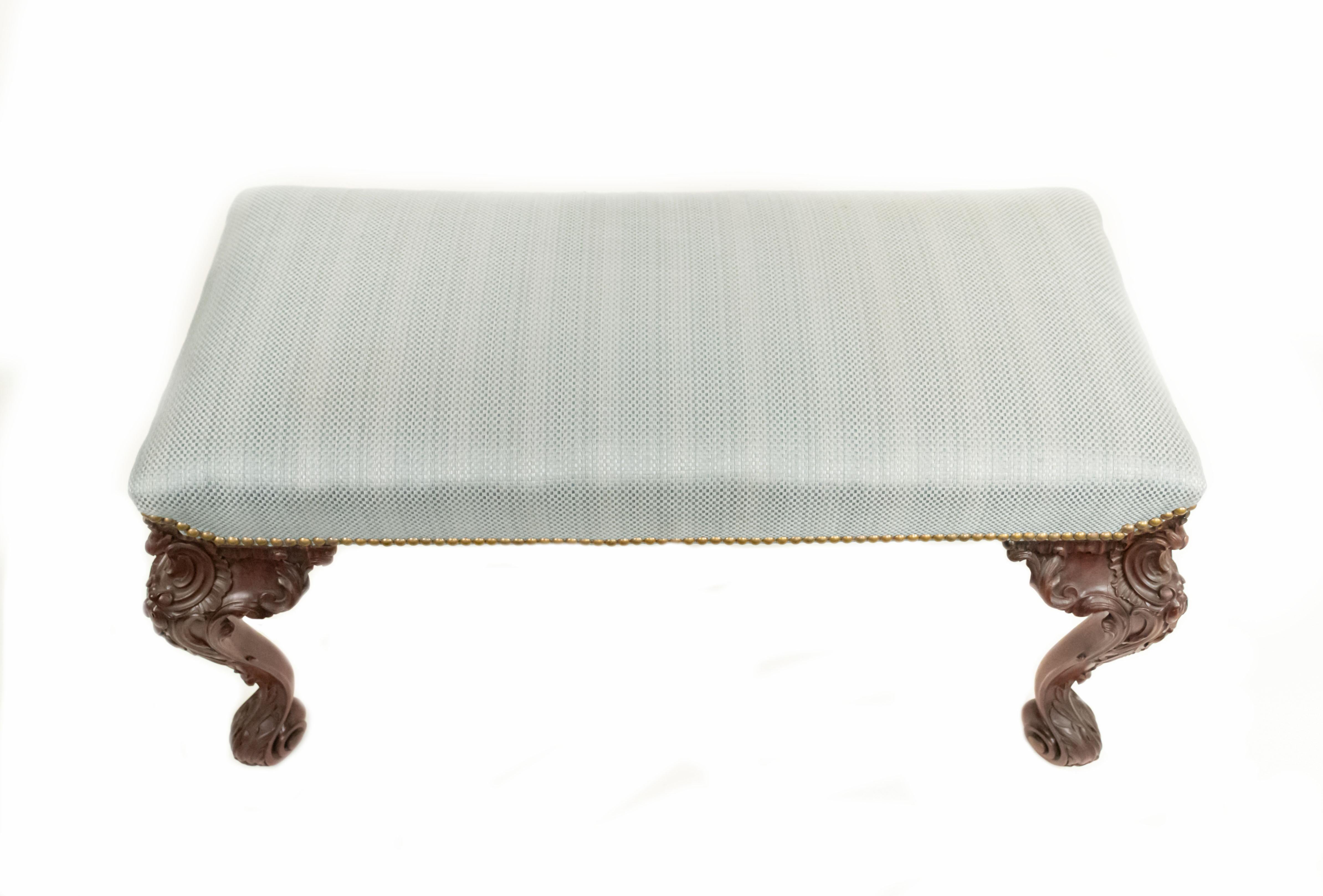 19th Century English Chippendale Blue Upholstery Bench For Sale