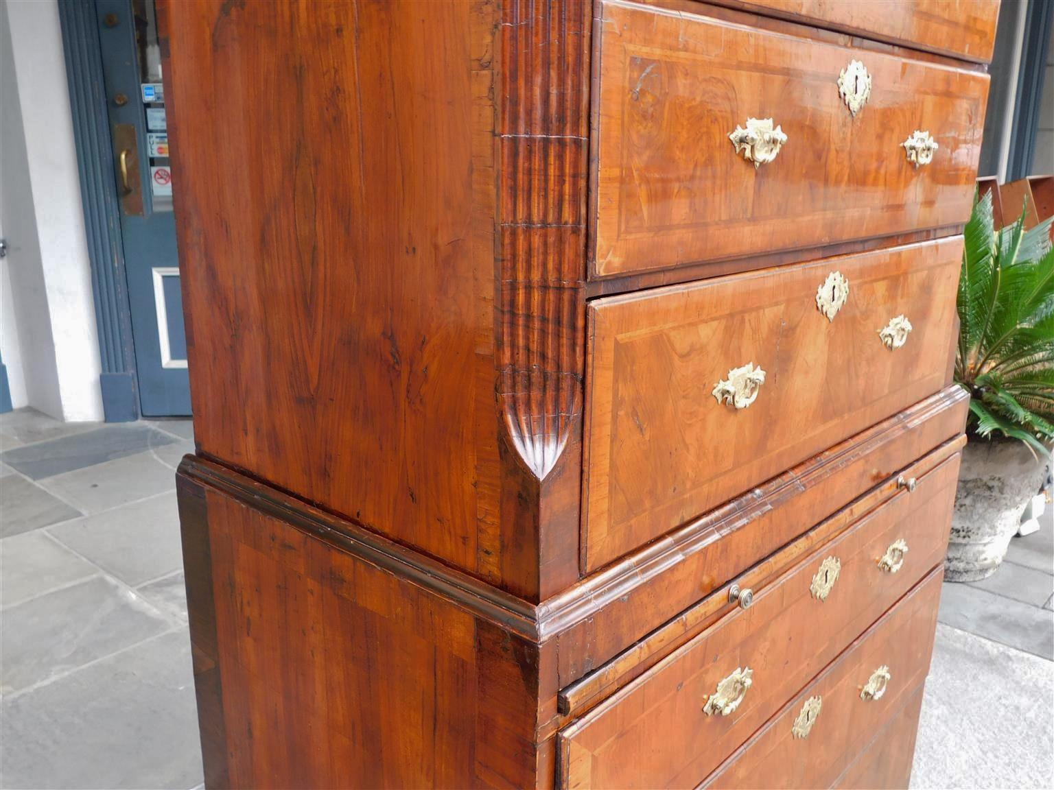 English Chippendale Burl Walnut Inlaid Chest on Chest with Orig. Brasses, C 1760 For Sale 5