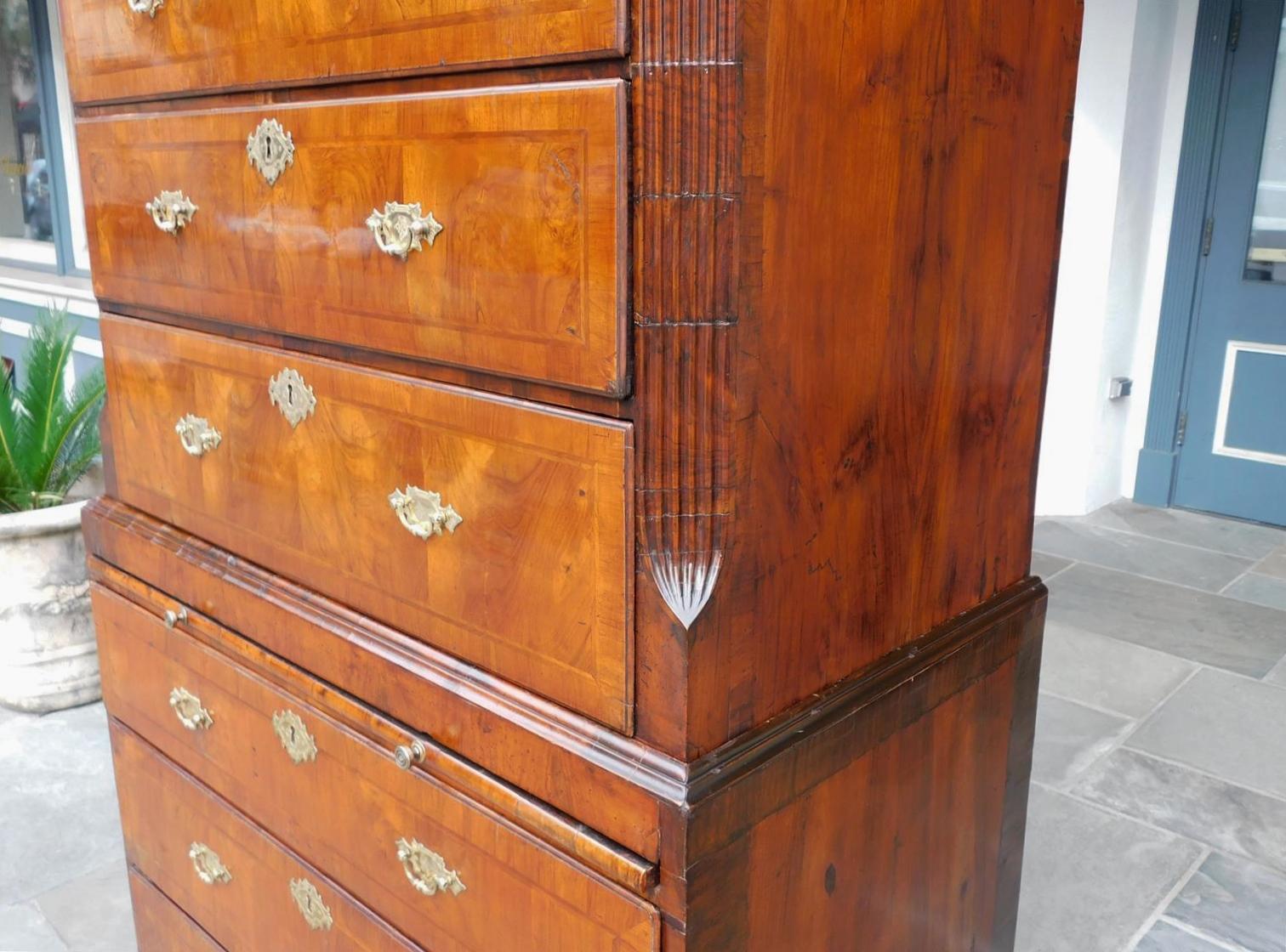 English Chippendale Burl Walnut Inlaid Chest on Chest with Orig. Brasses, C 1760 For Sale 6