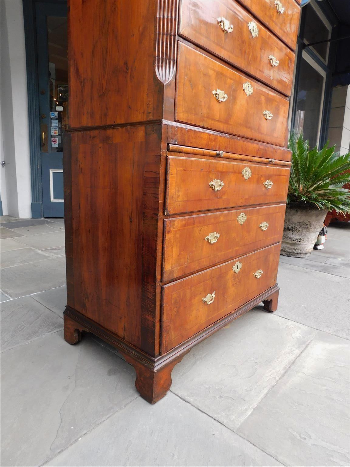 English Chippendale Burl Walnut Inlaid Chest on Chest with Orig. Brasses, C 1760 For Sale 7