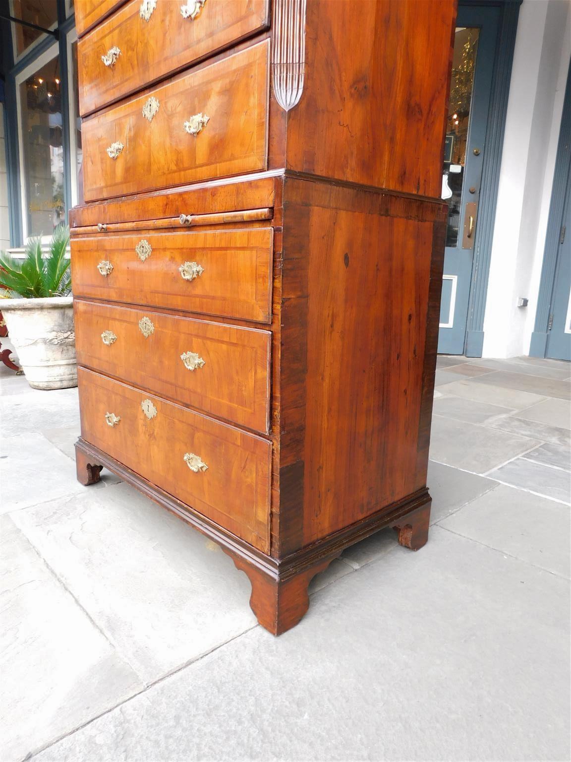 English Chippendale Burl Walnut Inlaid Chest on Chest with Orig. Brasses, C 1760 For Sale 8