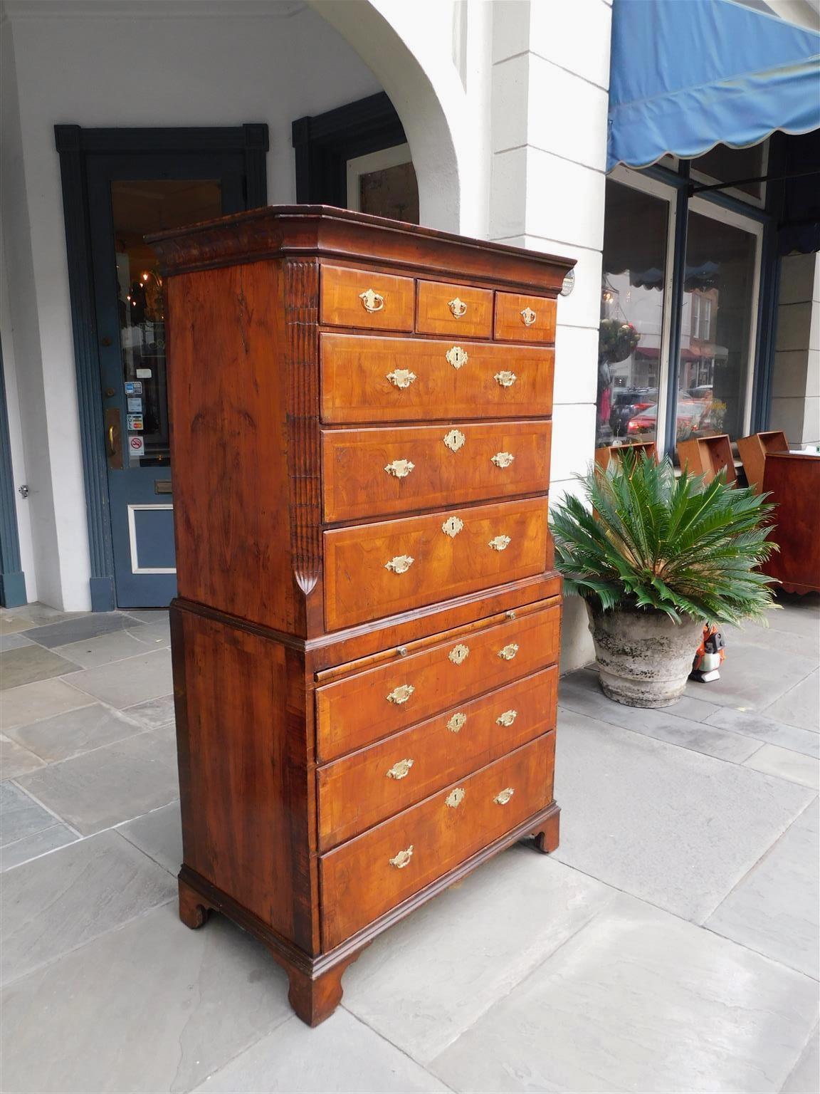 Hand-Carved English Chippendale Burl Walnut Inlaid Chest on Chest with Orig. Brasses, C 1760 For Sale