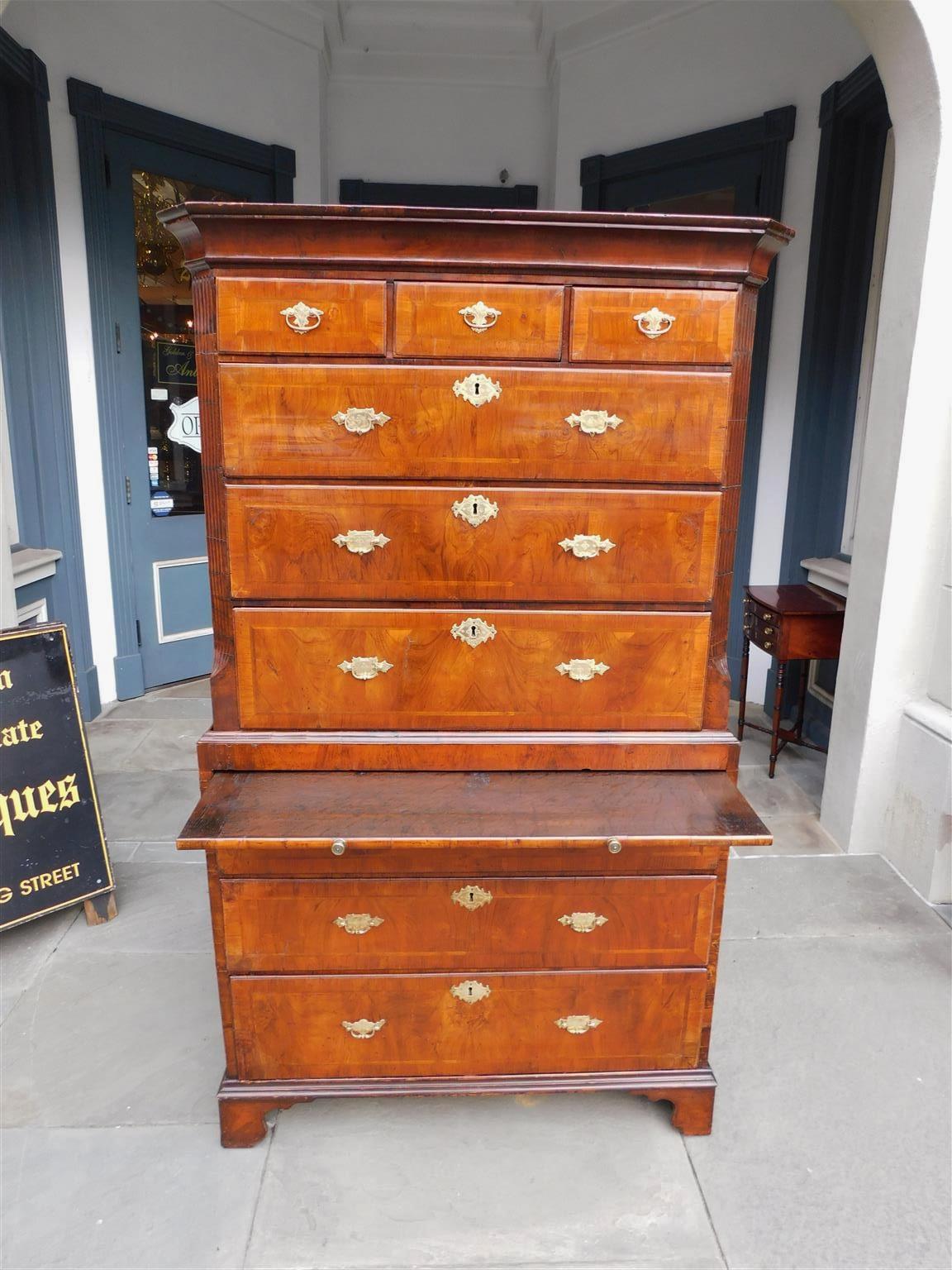 Mid-18th Century English Chippendale Burl Walnut Inlaid Chest on Chest with Orig. Brasses, C 1760 For Sale