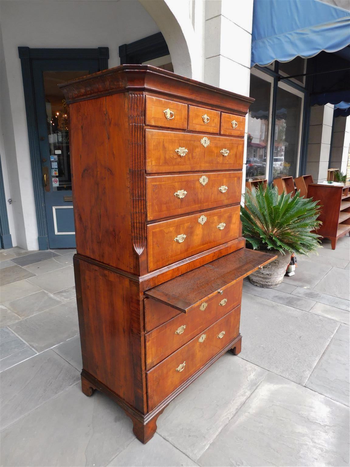 English Chippendale Burl Walnut Inlaid Chest on Chest with Orig. Brasses, C 1760 For Sale 1