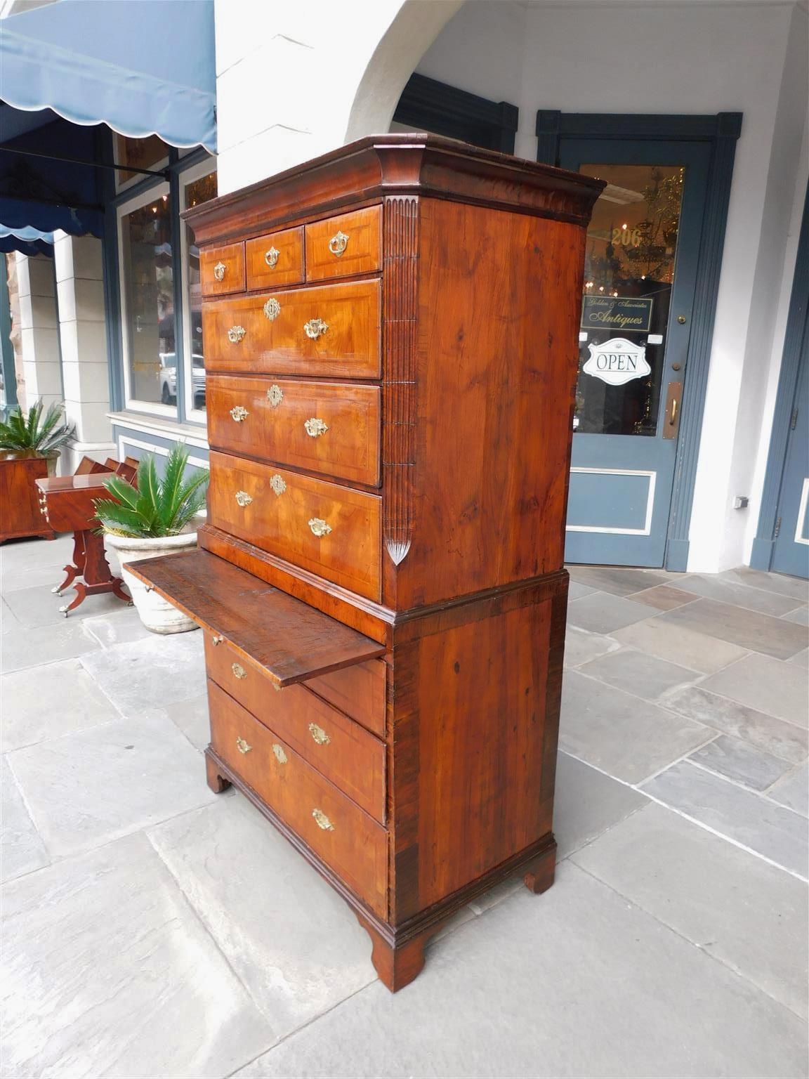 English Chippendale Burl Walnut Inlaid Chest on Chest with Orig. Brasses, C 1760 For Sale 2