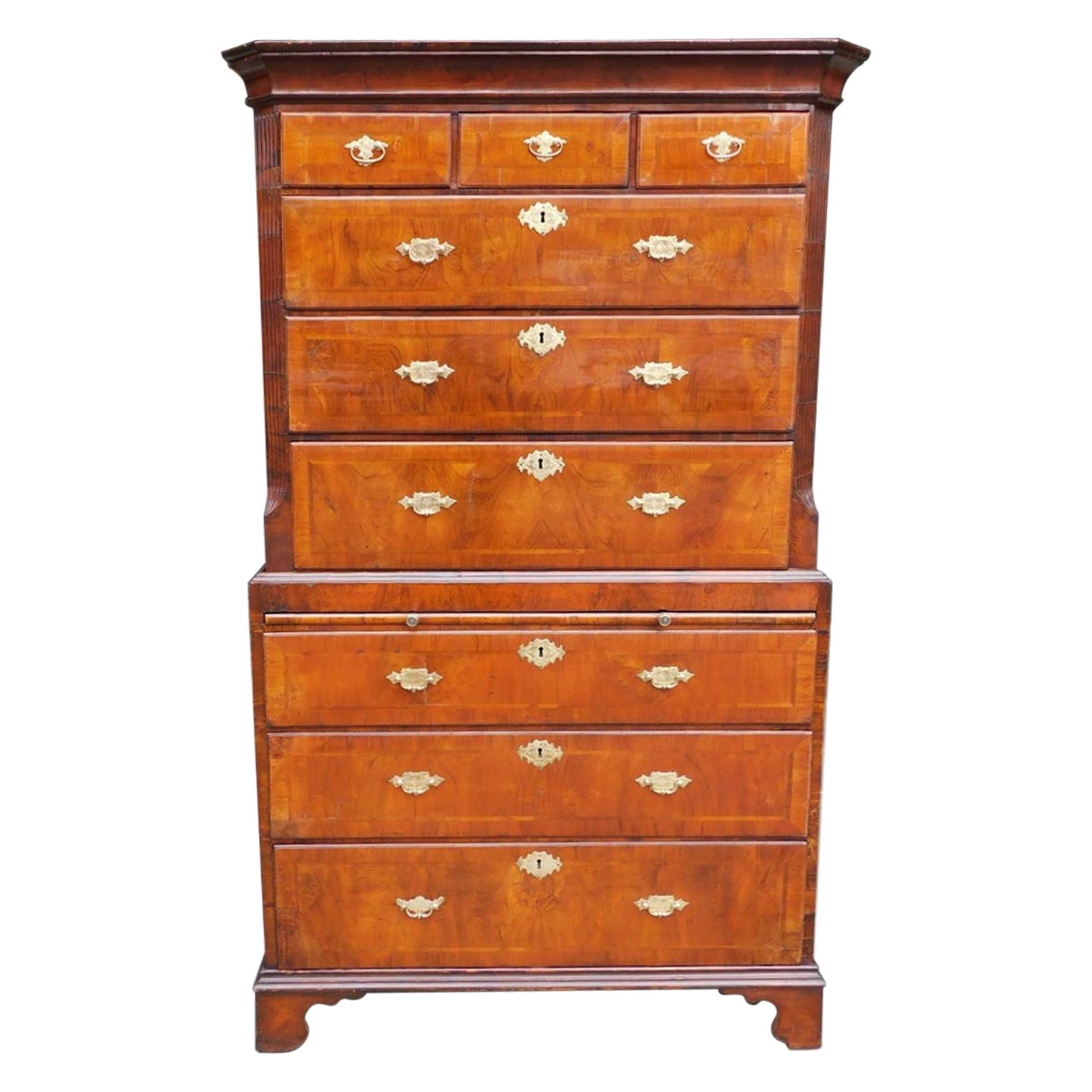 English Chippendale Burl Walnut Inlaid Chest on Chest with Orig. Brasses, C 1760