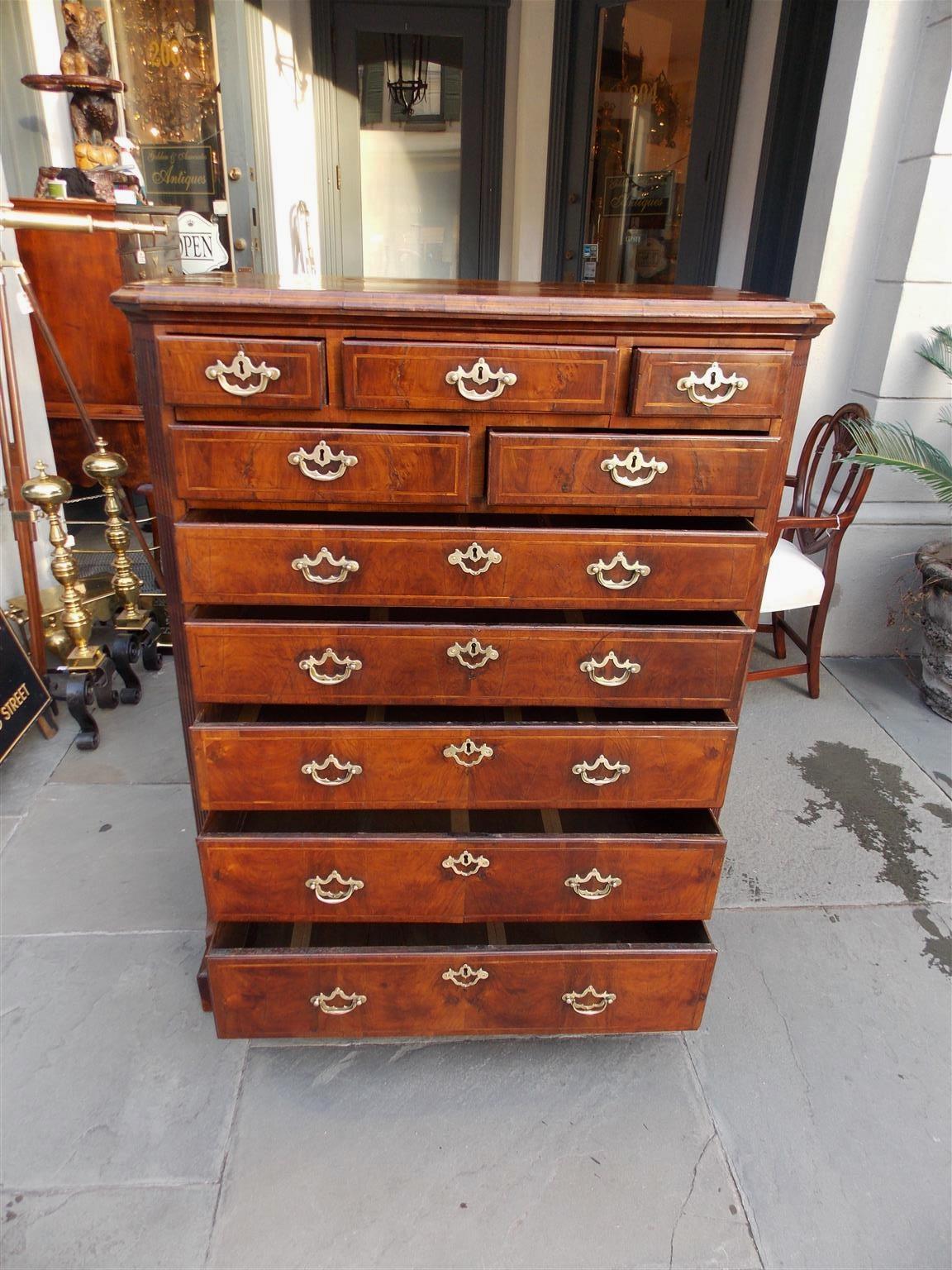 English Chippendale Burl Walnut Tall Chest with Hearing Bone Inlays, Circa 1740 For Sale 2
