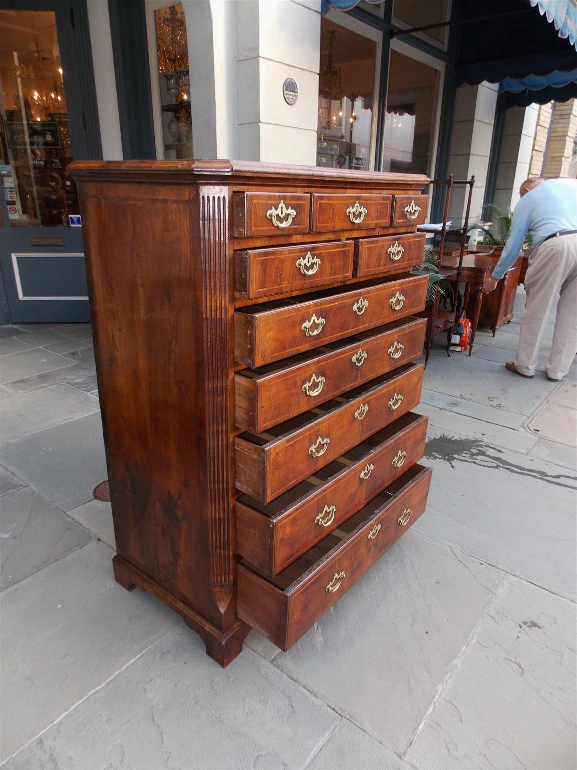 English Chippendale Burl Walnut Tall Chest with Hearing Bone Inlays, Circa 1740 For Sale 3