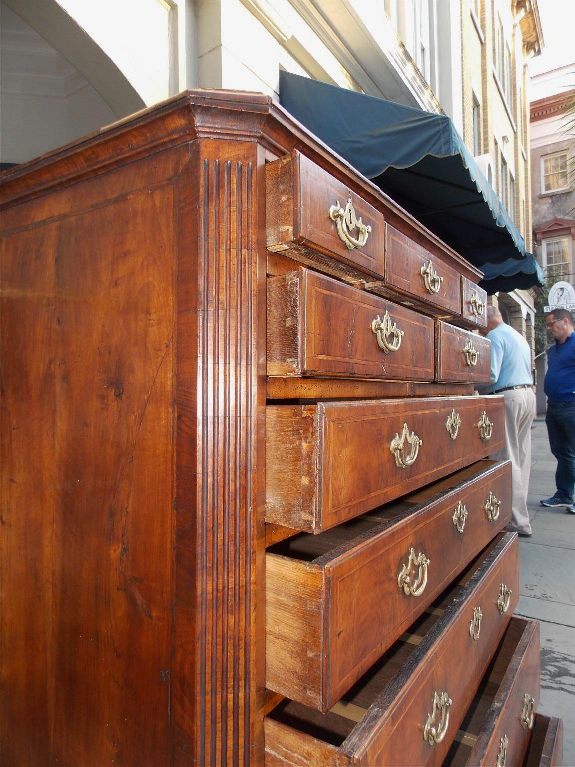 English Chippendale Burl Walnut Tall Chest with Hearing Bone Inlays, Circa 1740 For Sale 4