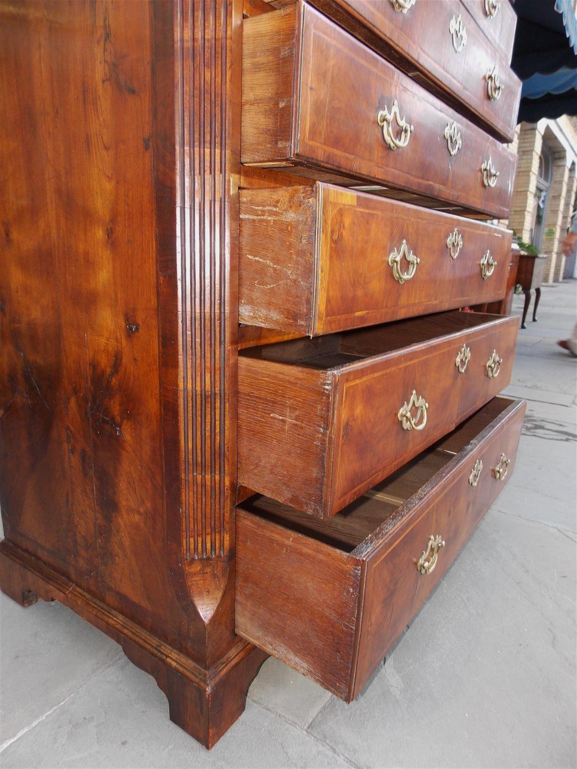 English Chippendale Burl Walnut Tall Chest with Hearing Bone Inlays, Circa 1740 For Sale 5