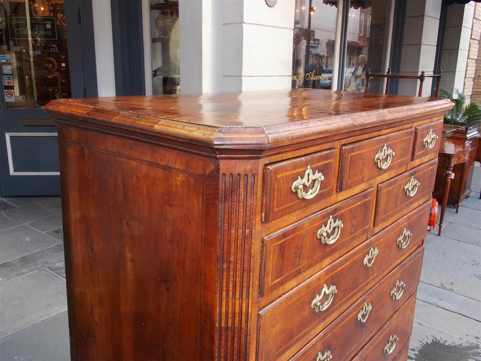 George II English Chippendale Burl Walnut Tall Chest with Hearing Bone Inlays, Circa 1740 For Sale