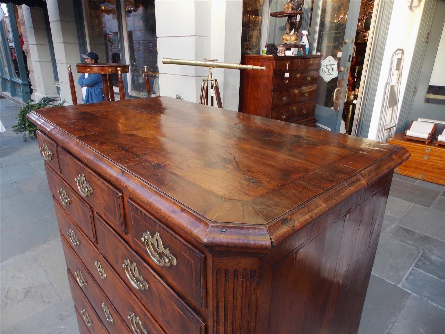 Hand-Carved English Chippendale Burl Walnut Tall Chest with Hearing Bone Inlays, Circa 1740 For Sale