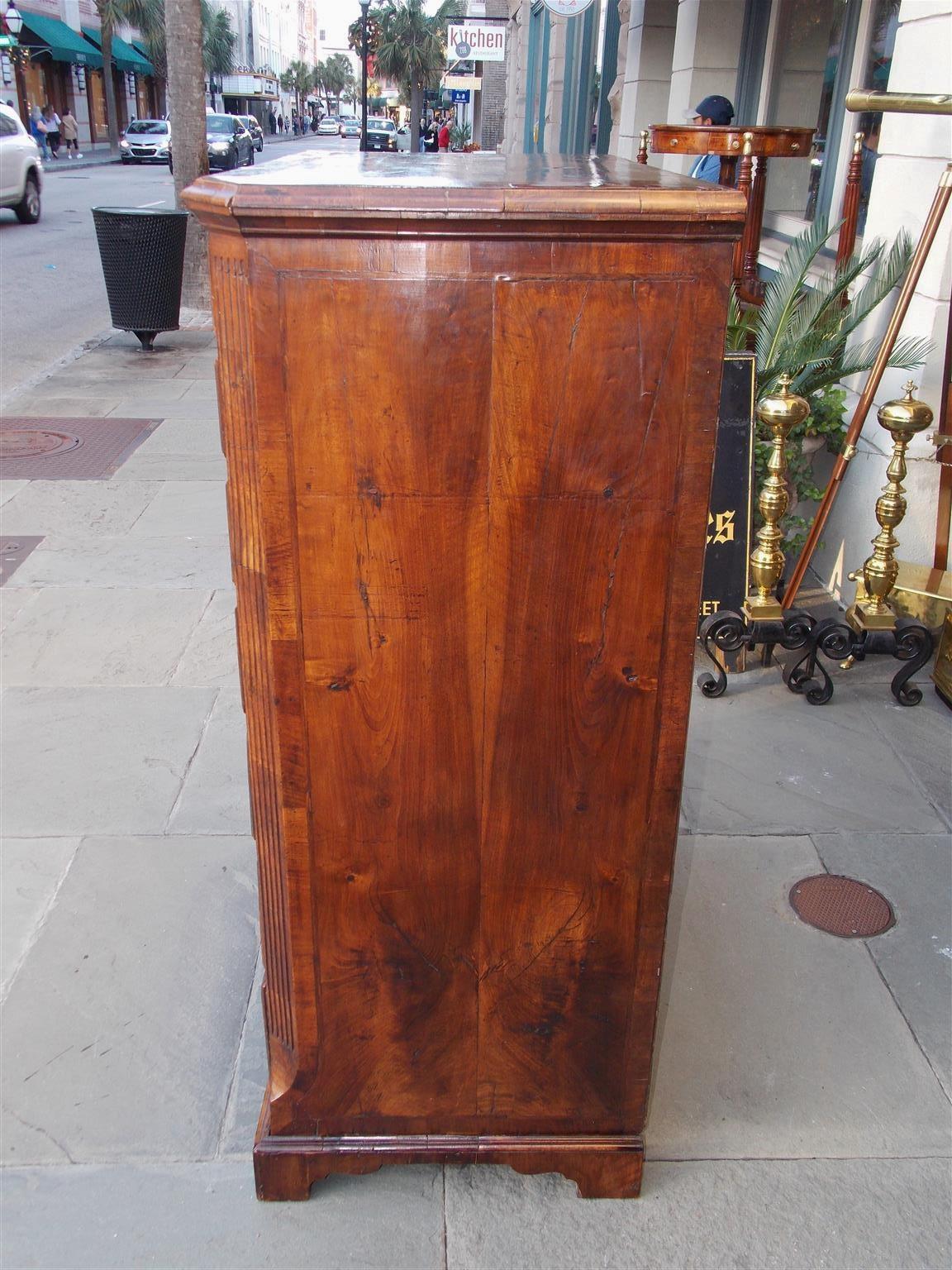 Brass English Chippendale Burl Walnut Tall Chest with Hearing Bone Inlays, Circa 1740 For Sale