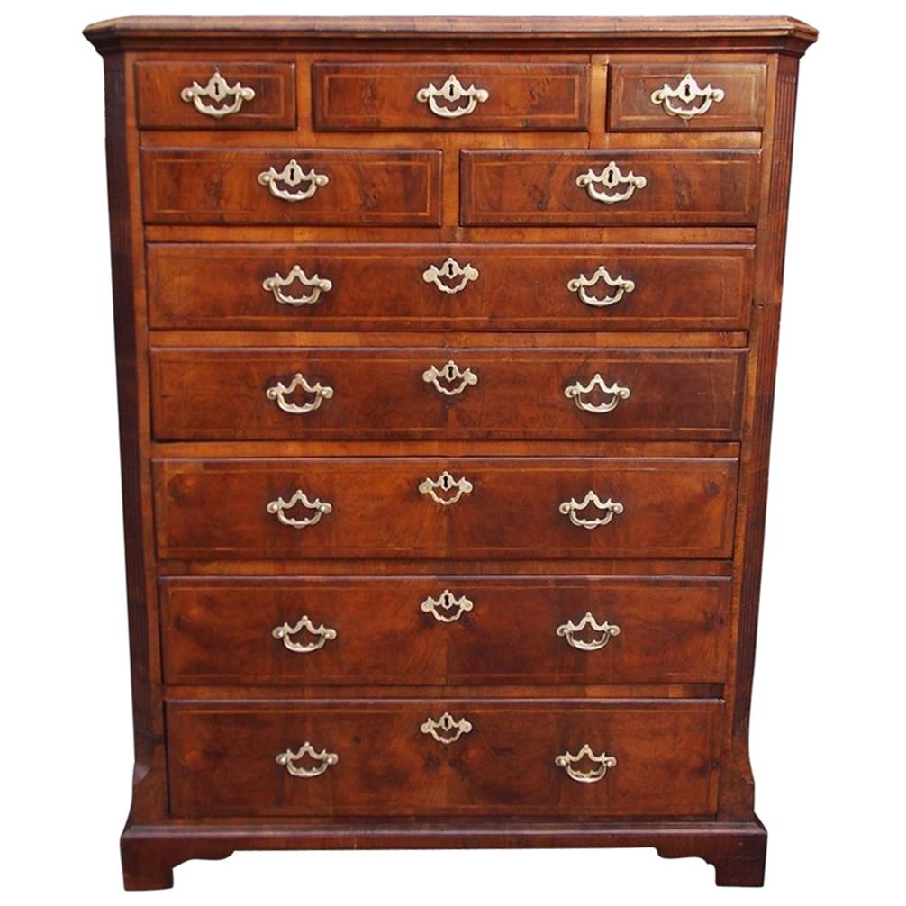 English Chippendale Burl Walnut Tall Chest with Hearing Bone Inlays, Circa 1740