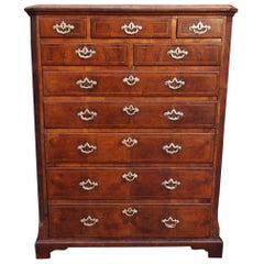 English Chippendale Burl Walnut Tall Chest with Hearing Bone Inlays, Circa 1740