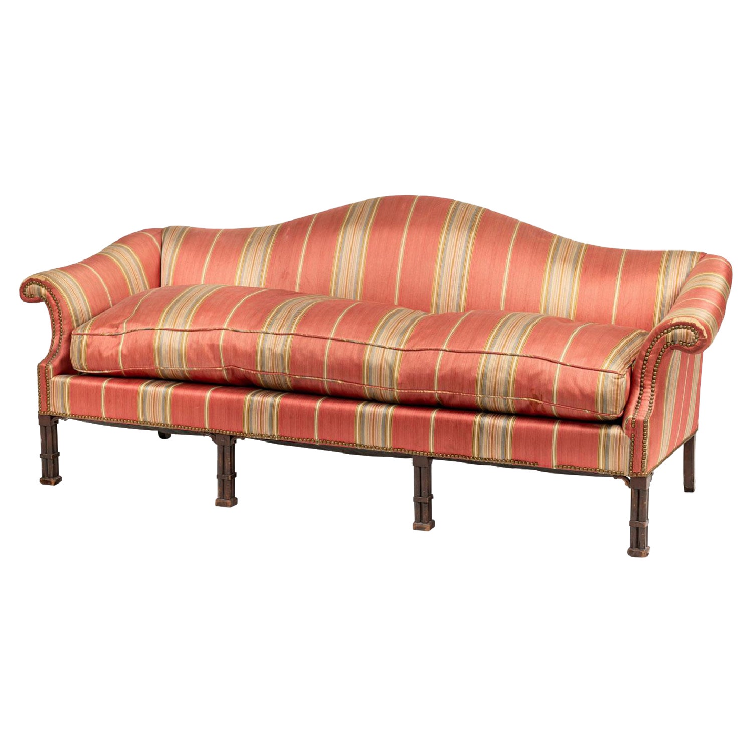 English Chippendale Candy Striped Camelback Sofa en vente