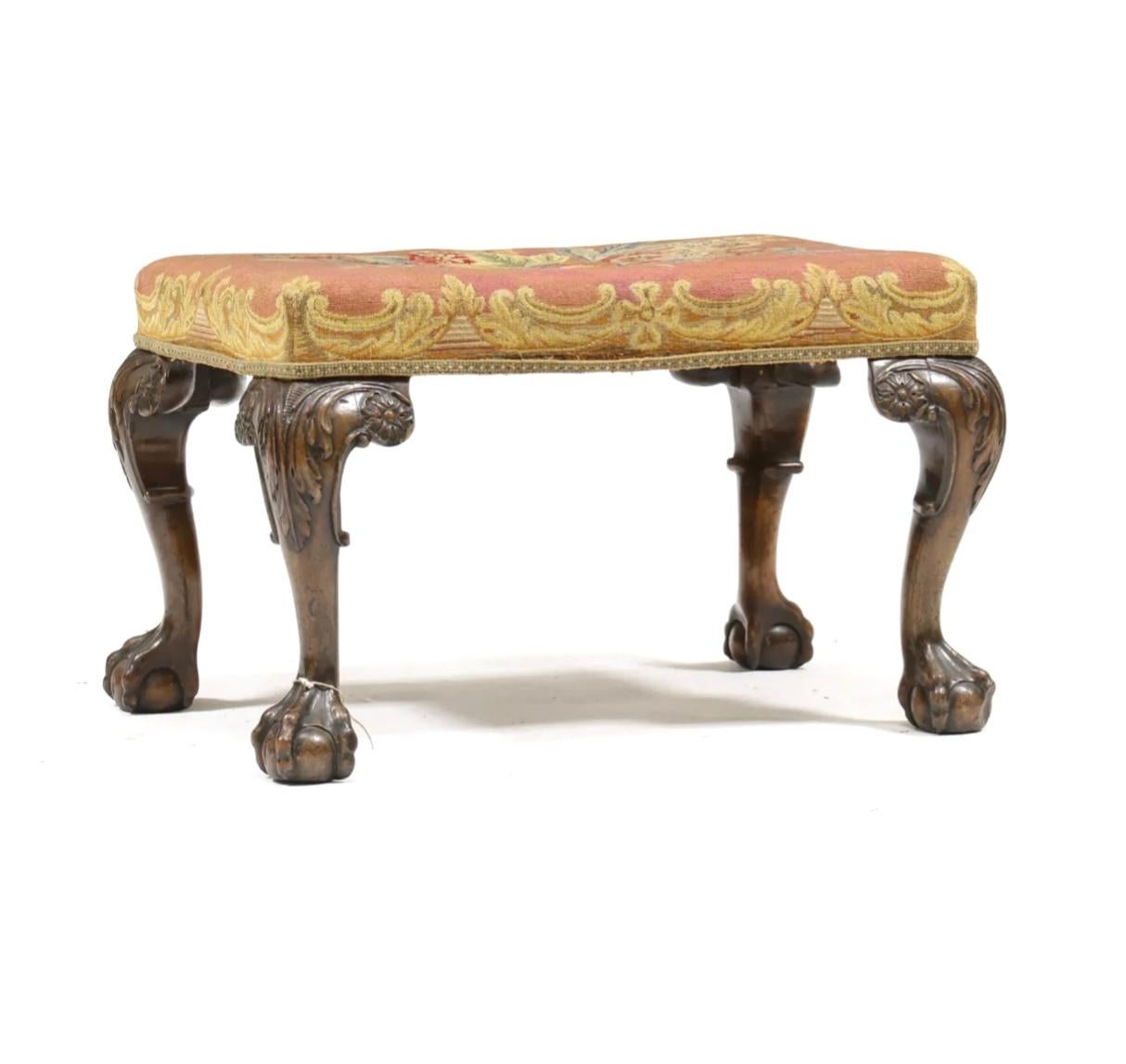 Textile English Chippendale Carved Mahogany Stool For Sale