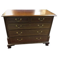 English Chippendale Chest with Inlay, Banded Top, Columns, and Brass Handles