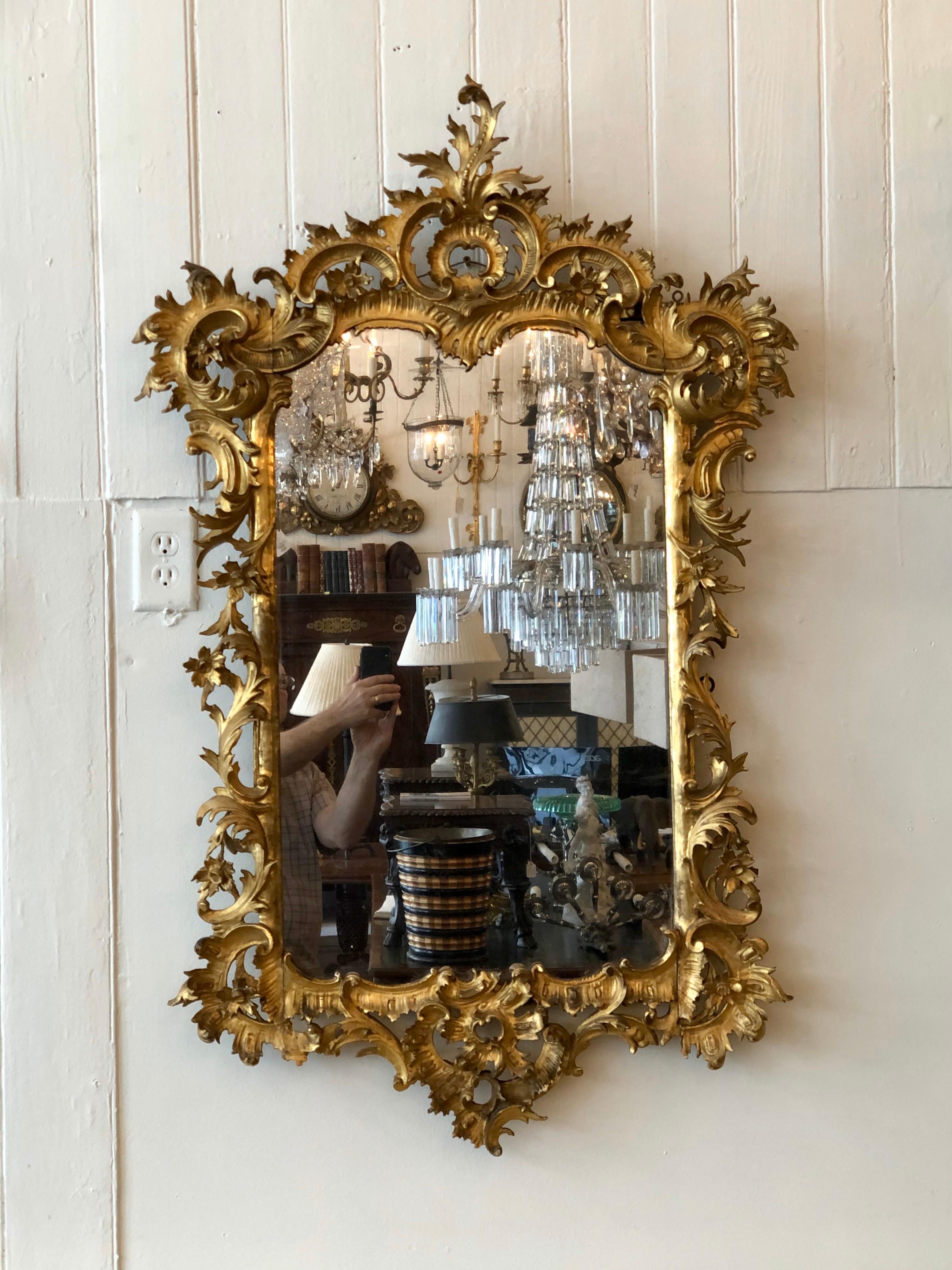 Specchio rococò Chippendale inglese con cornice in legno intagliato e dorato. La cornice in legno dorato è di finissimo intaglio con un cartiglio di foglie d'acanto e un cabochon, intrecciato con volute a 'C' e foglie d'acanto che incorniciano il