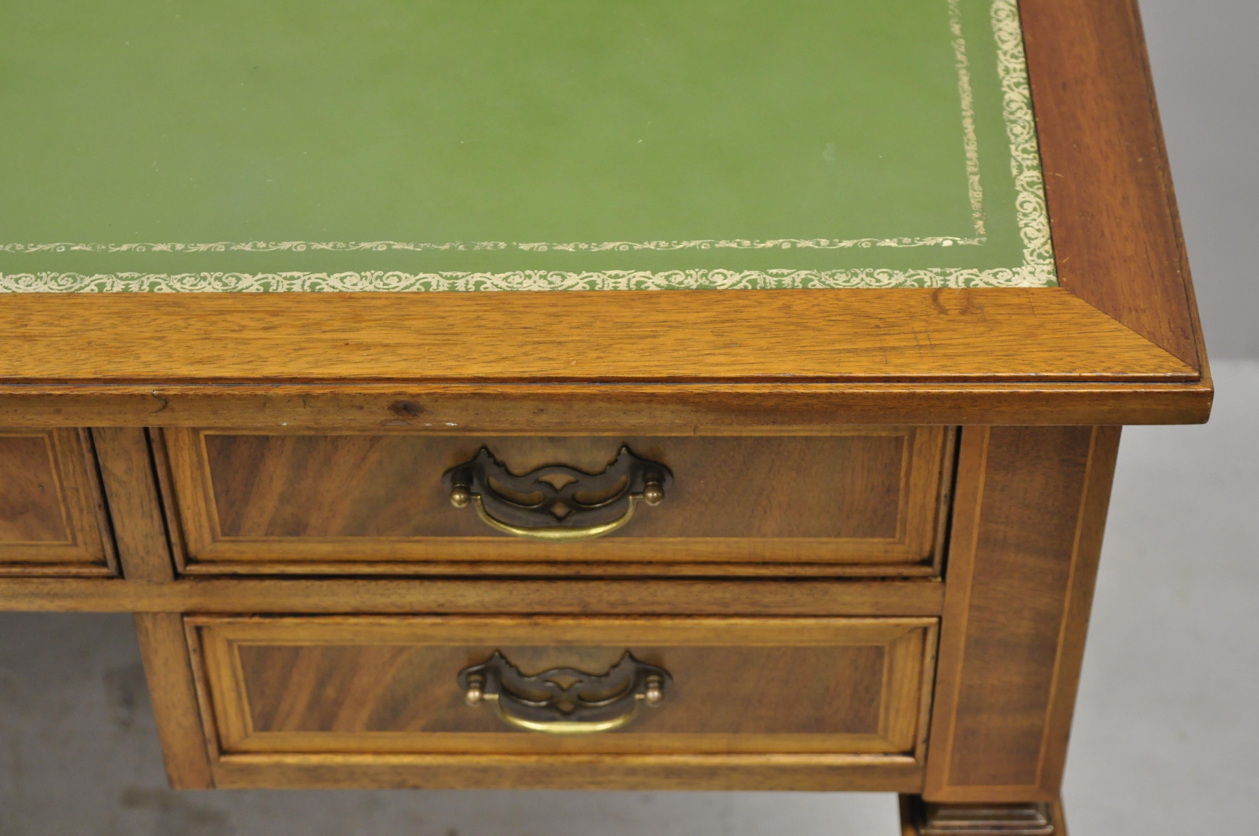 20th Century English Chippendale Green Leather Top Crotch Mahogany Executive Office Desk