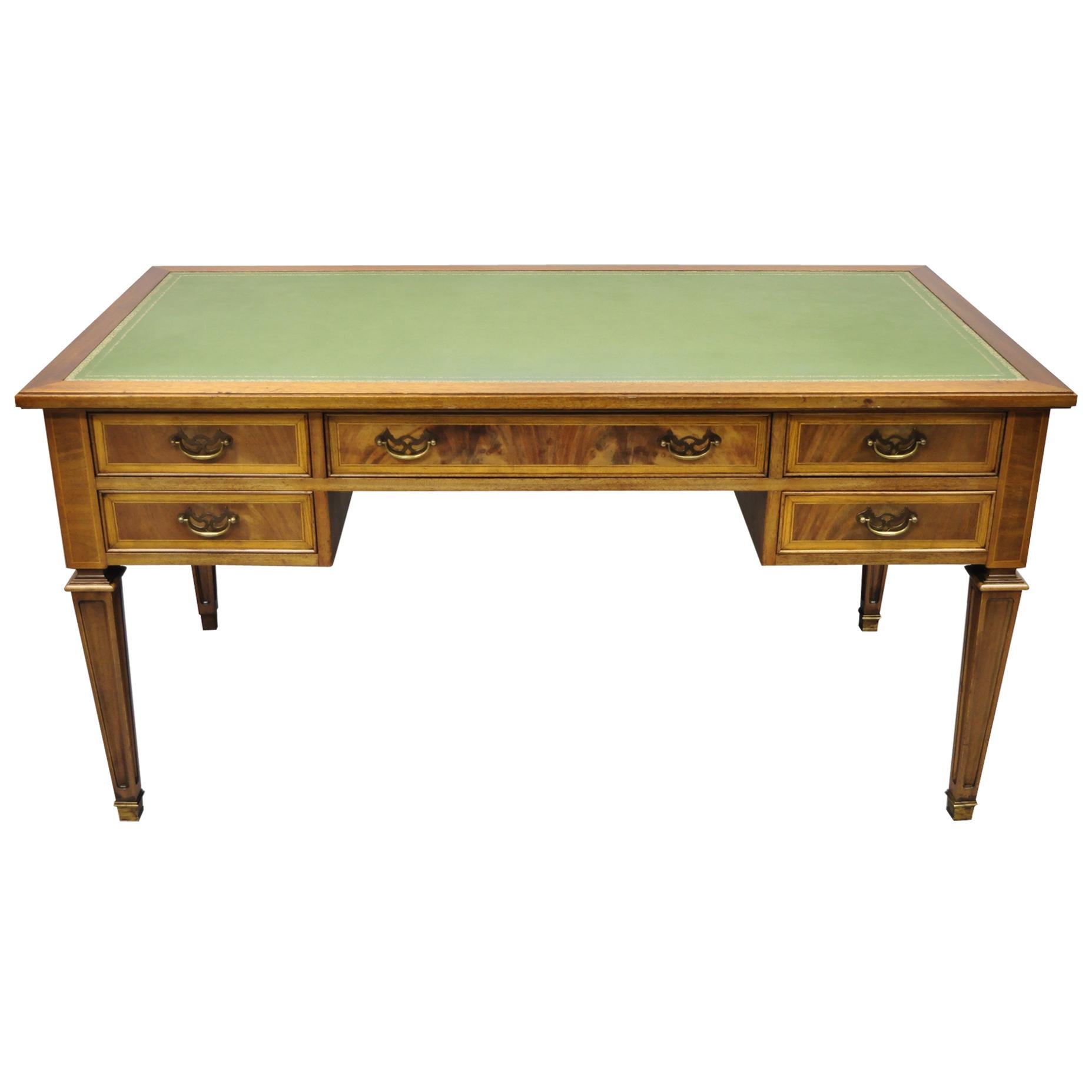 English Chippendale Green Leather Top Crotch Mahogany Executive Office Desk