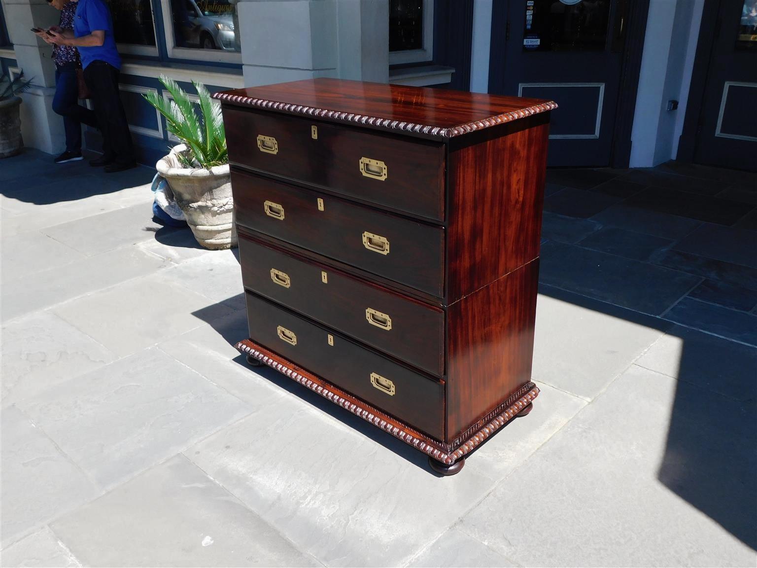 Hand-Carved English Chippendale Kingwood Military Campaign Chest with Secretary, Circa 1780 For Sale