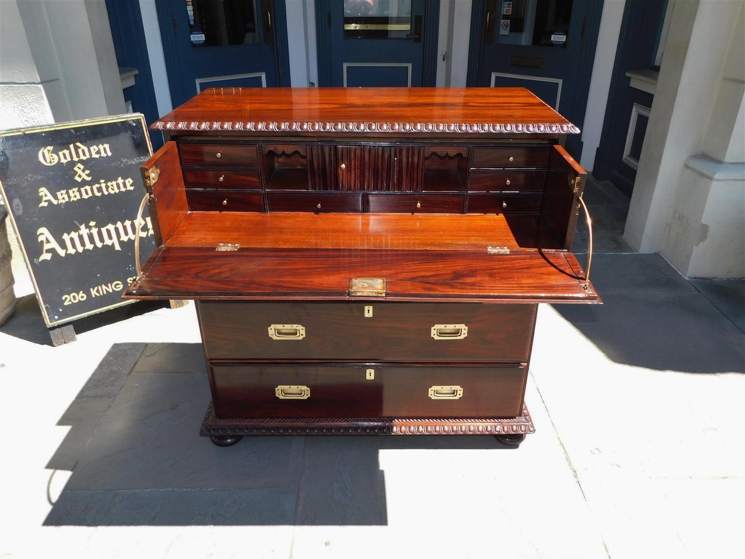 Brass English Chippendale Kingwood Military Campaign Chest with Secretary, Circa 1780 For Sale