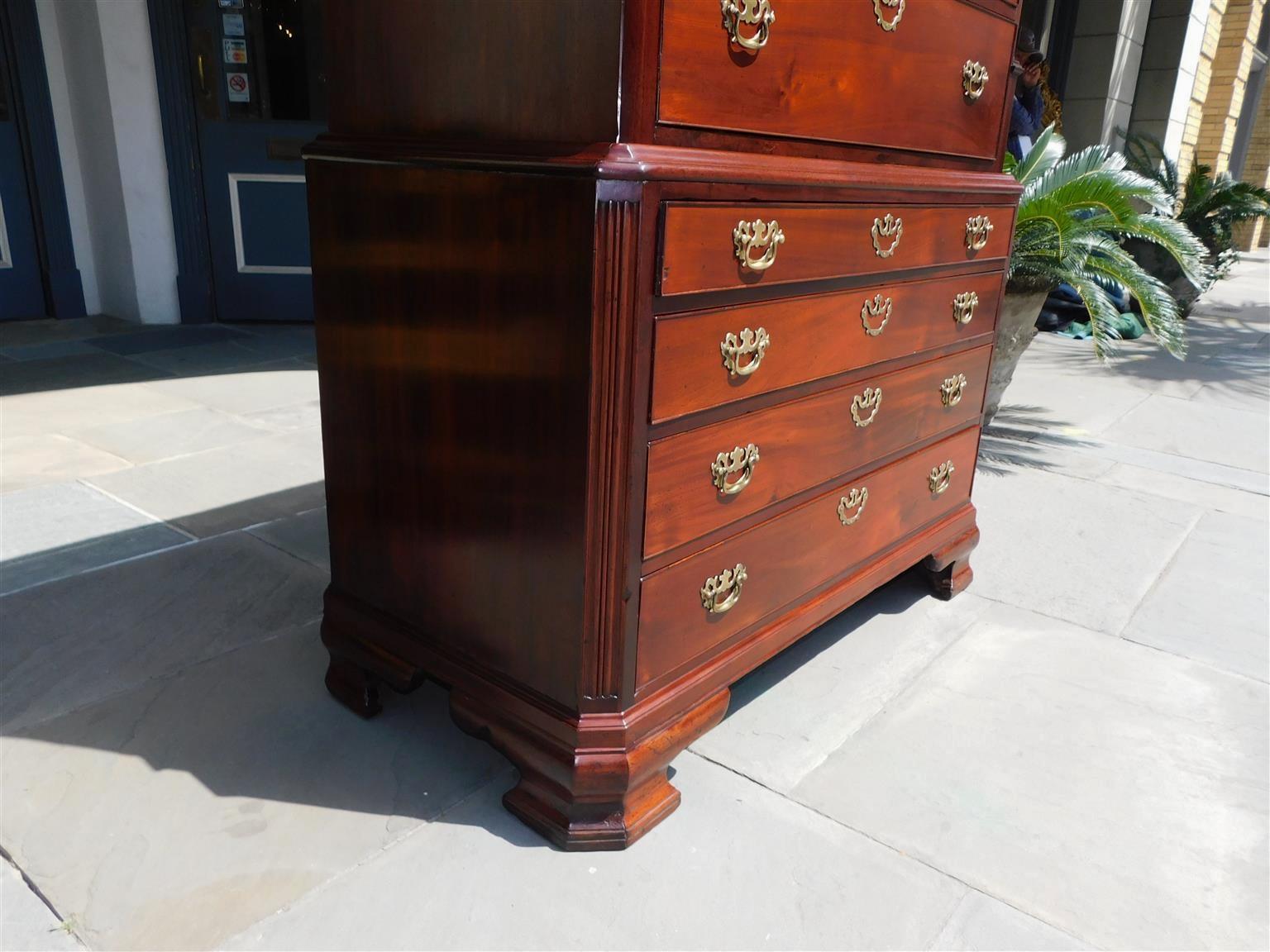 Hand-Carved English Chippendale Maghogany Chest on Chest with Interior Desk, Circa 1750 For Sale