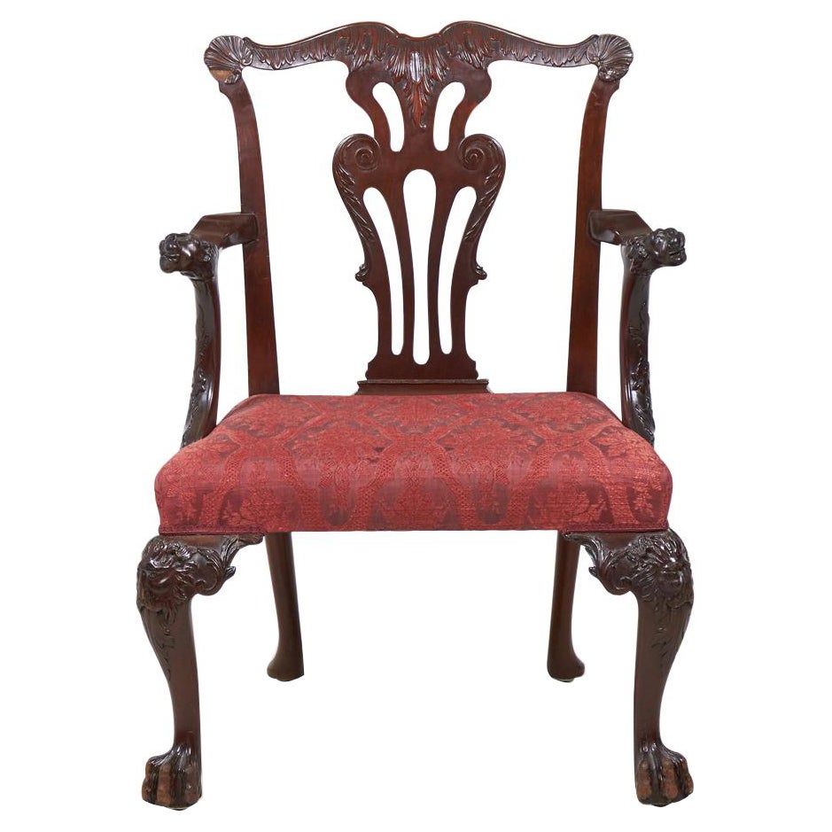English Chippendale Mahogany and Red Upholstery Dining Armchair