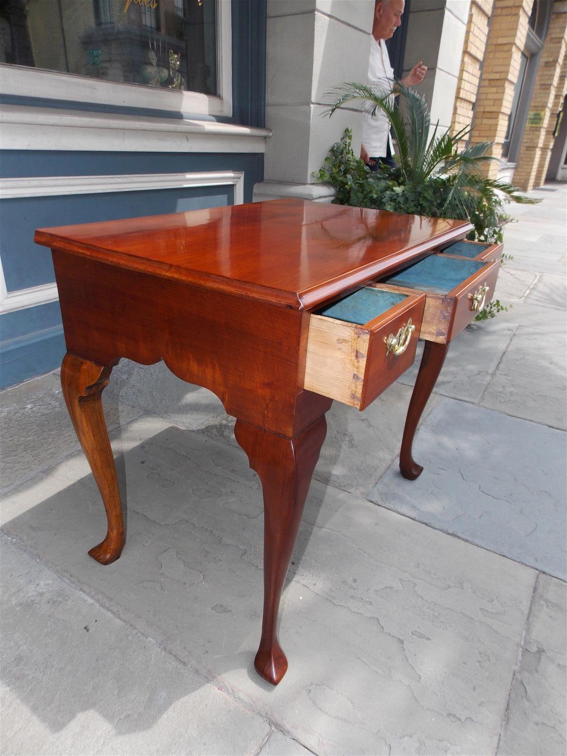 Hand-Carved English Chippendale Mahogany and Walnut Three-Drawer Lowboy, Circa 1770 For Sale