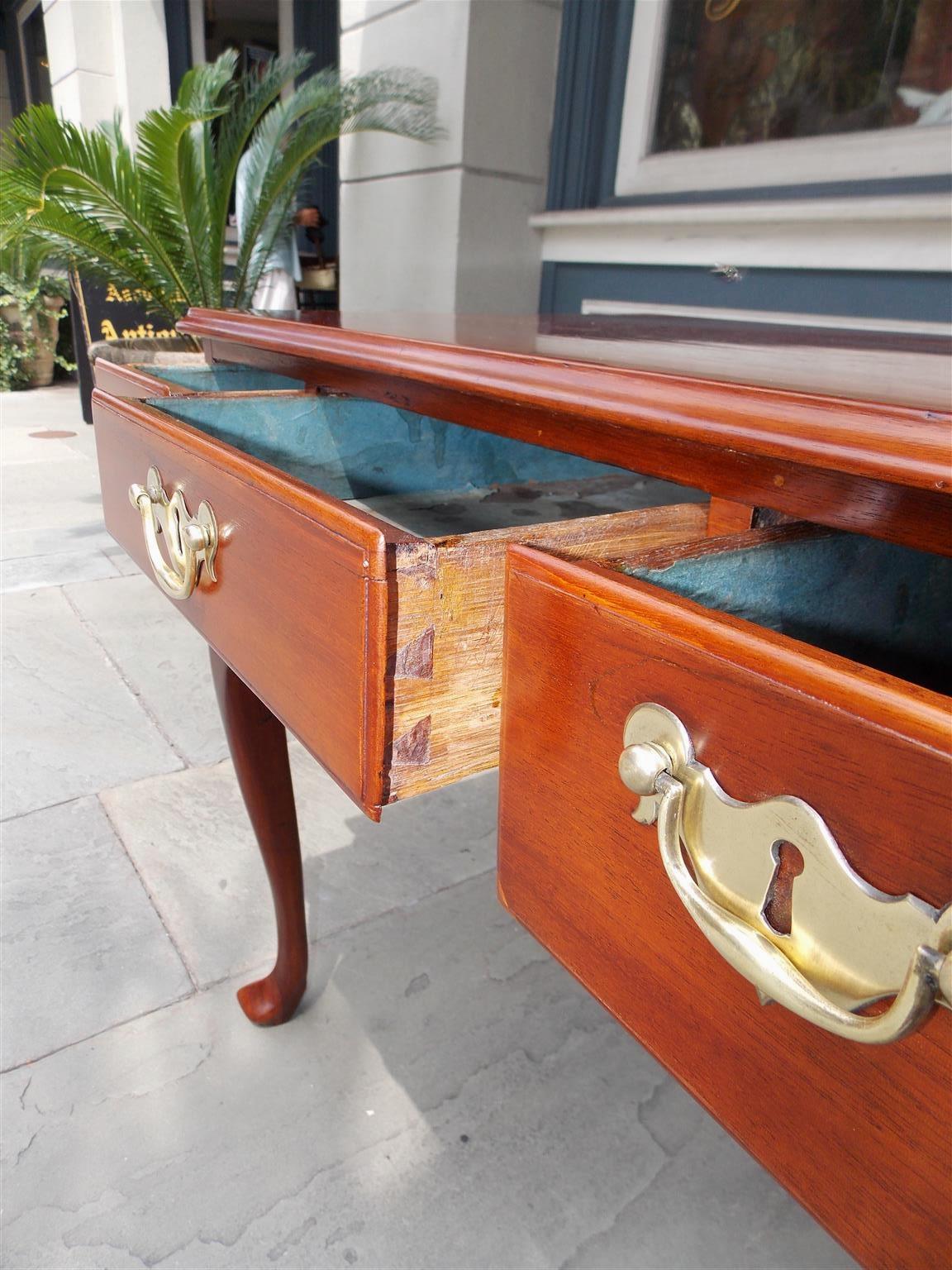 Brass English Chippendale Mahogany and Walnut Three-Drawer Lowboy, Circa 1770 For Sale