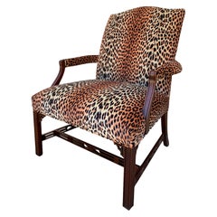 Vintage English Chippendale Mahogany Armchair With Leopard Upholstery