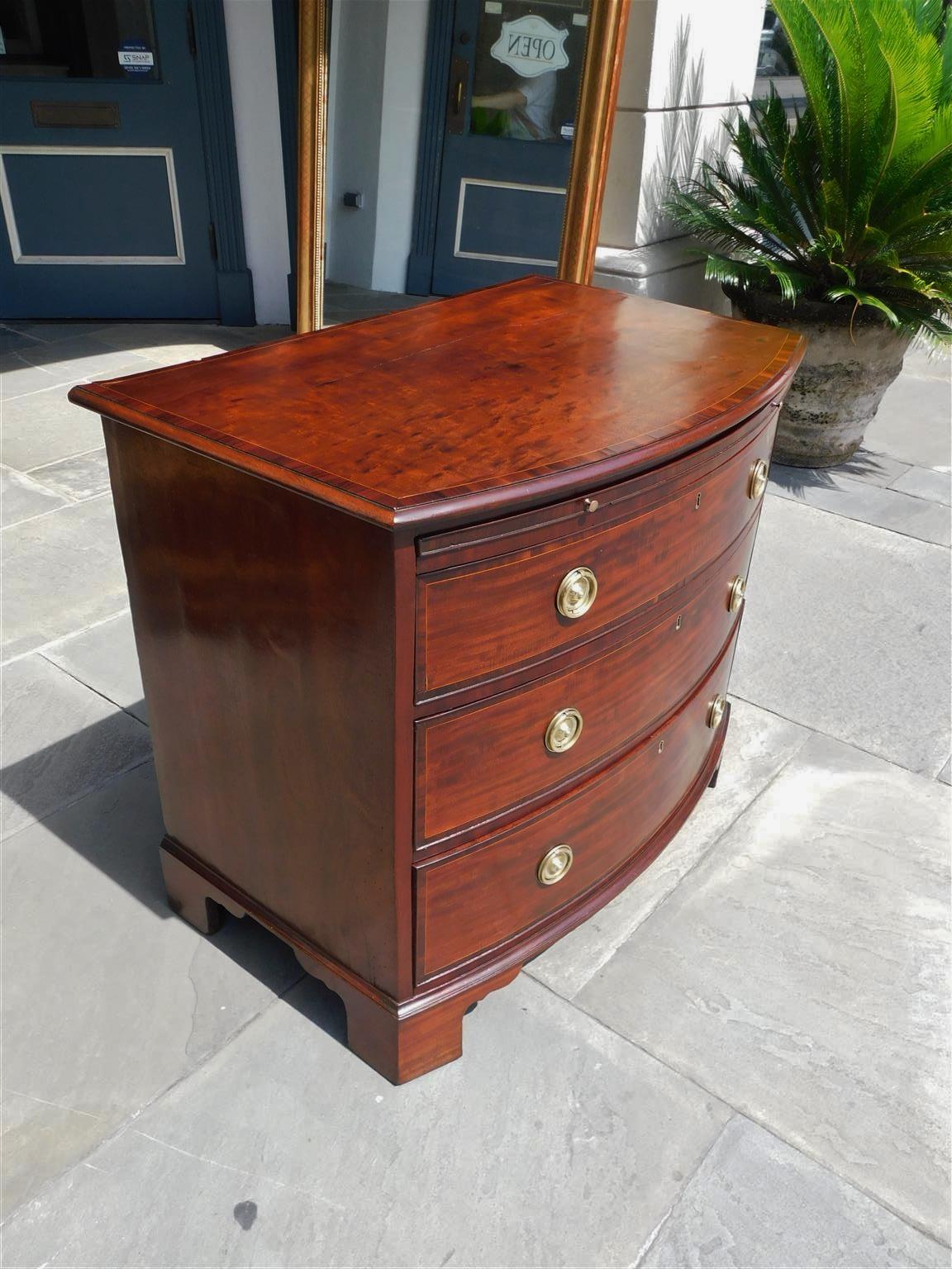 Hand-Carved English Chippendale Mahogany Bow Front Chest of Drawers with Brushing Slide 1770