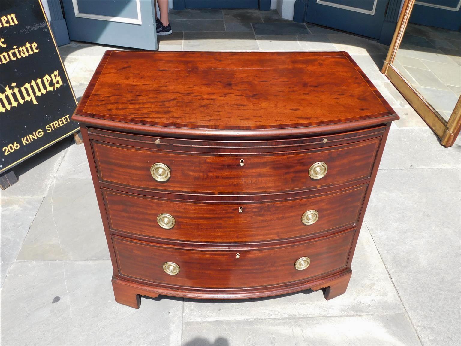 Late 18th Century English Chippendale Mahogany Bow Front Chest of Drawers with Brushing Slide 1770
