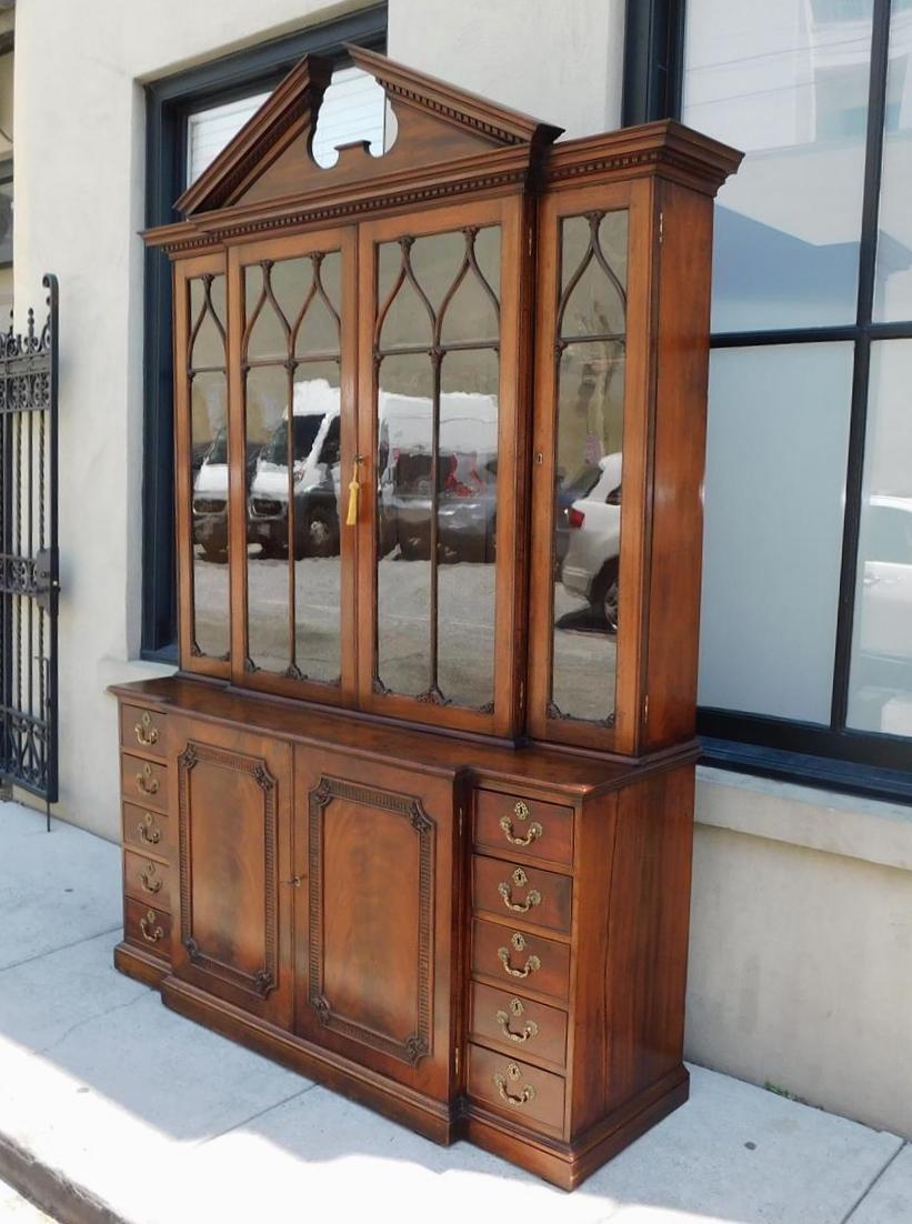 Hand-Carved English Chippendale Mahogany Broken Arch Cornice Breakfront / Bookcase, C. 1780 For Sale