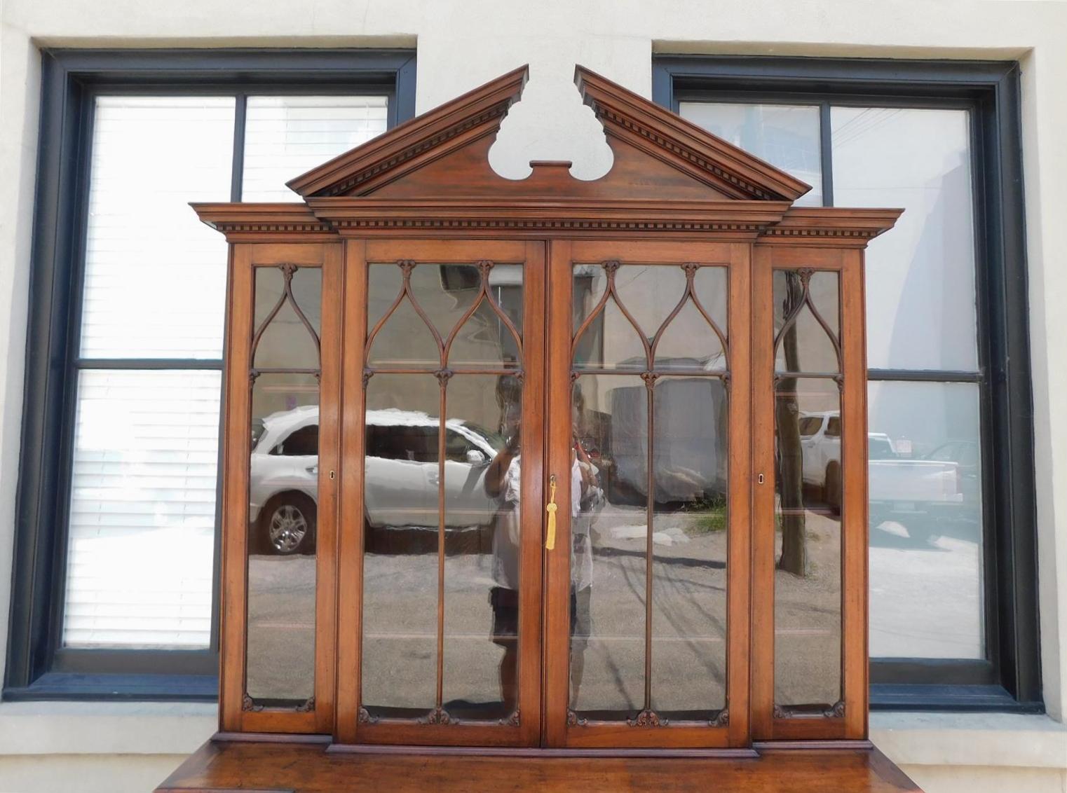 Late 18th Century English Chippendale Mahogany Broken Arch Cornice Breakfront / Bookcase, C. 1780 For Sale