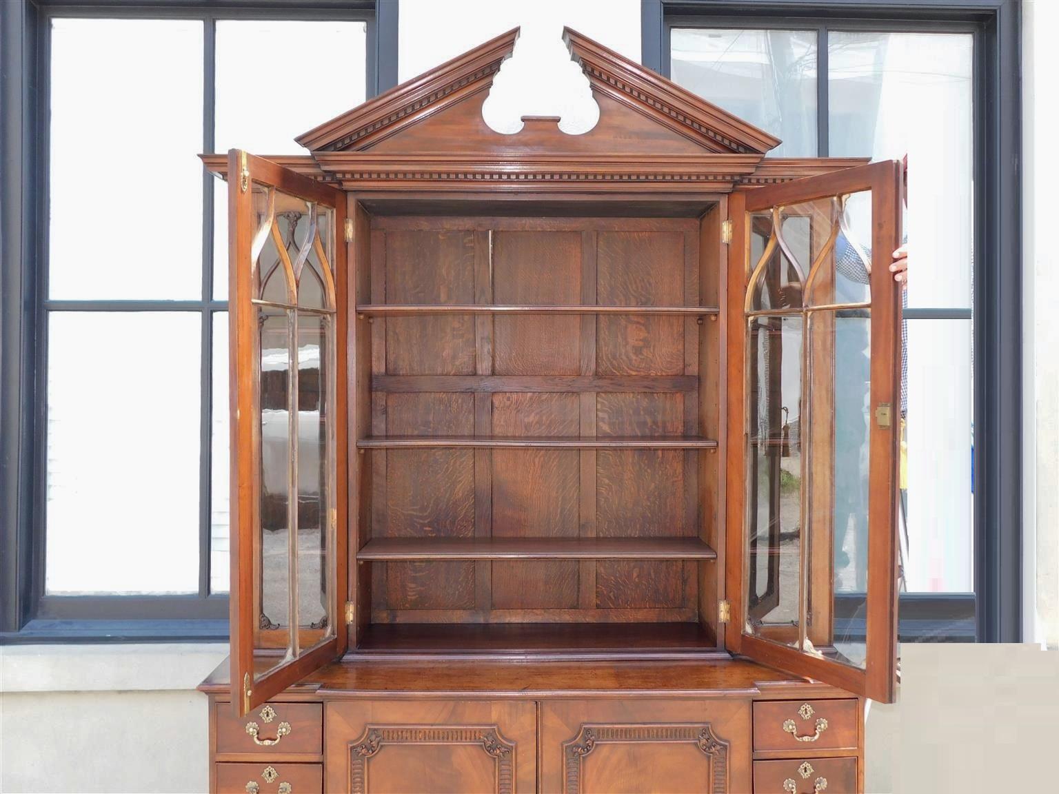 Brass English Chippendale Mahogany Broken Arch Cornice Breakfront / Bookcase, C. 1780 For Sale
