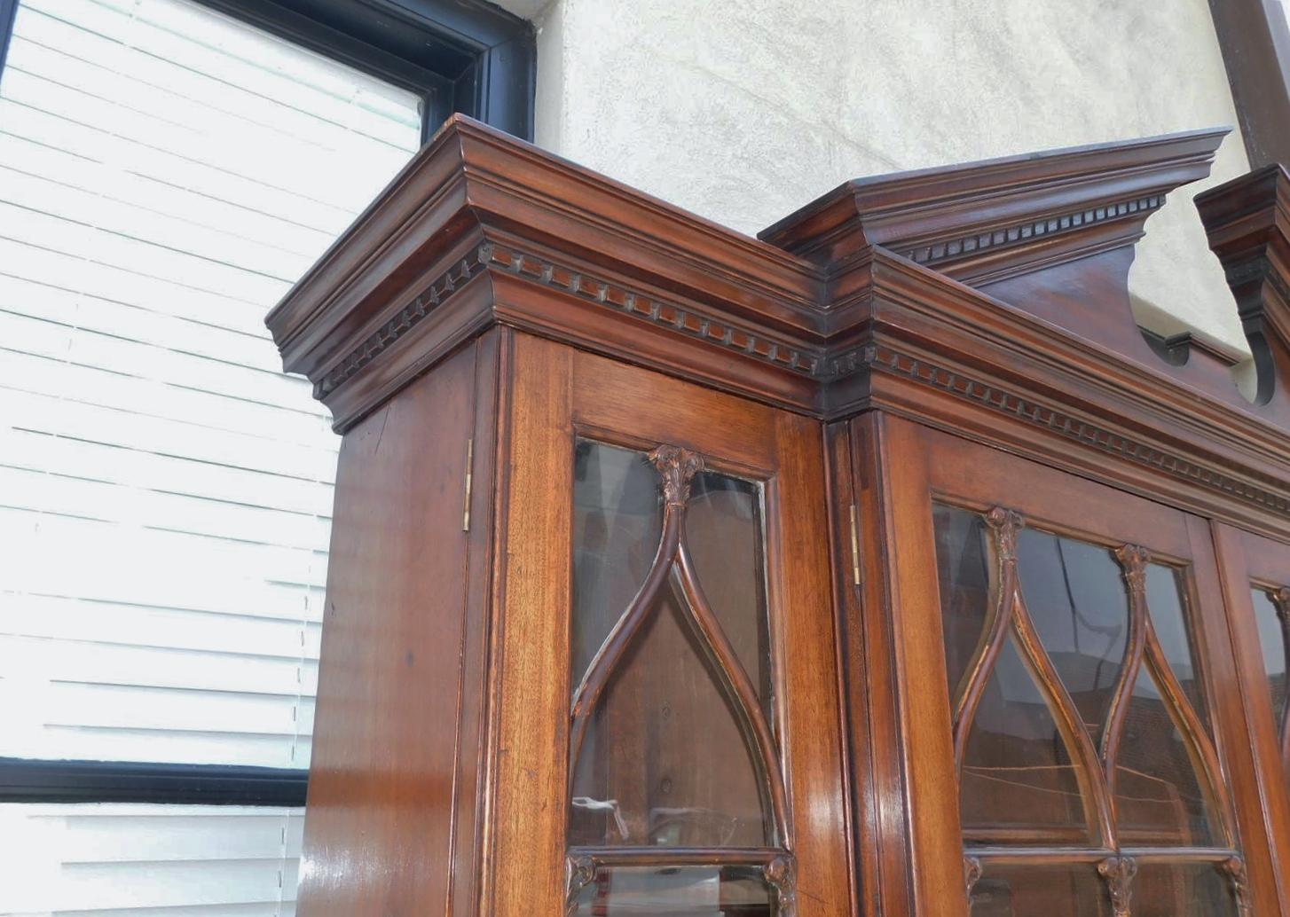 English Chippendale Mahogany Broken Arch Cornice Breakfront / Bookcase, C. 1780 For Sale 1