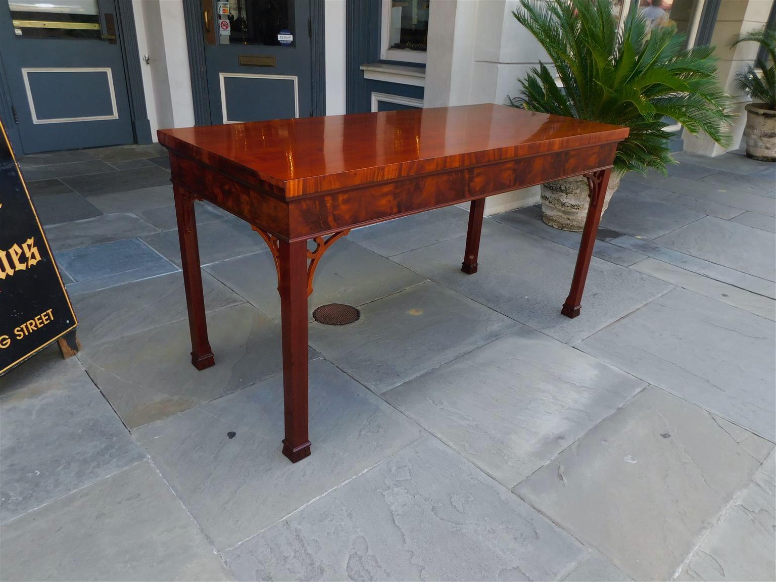 Hand-Carved English Chippendale Mahogany Fret Work Console Table with Marlborough Feet, 1770 For Sale