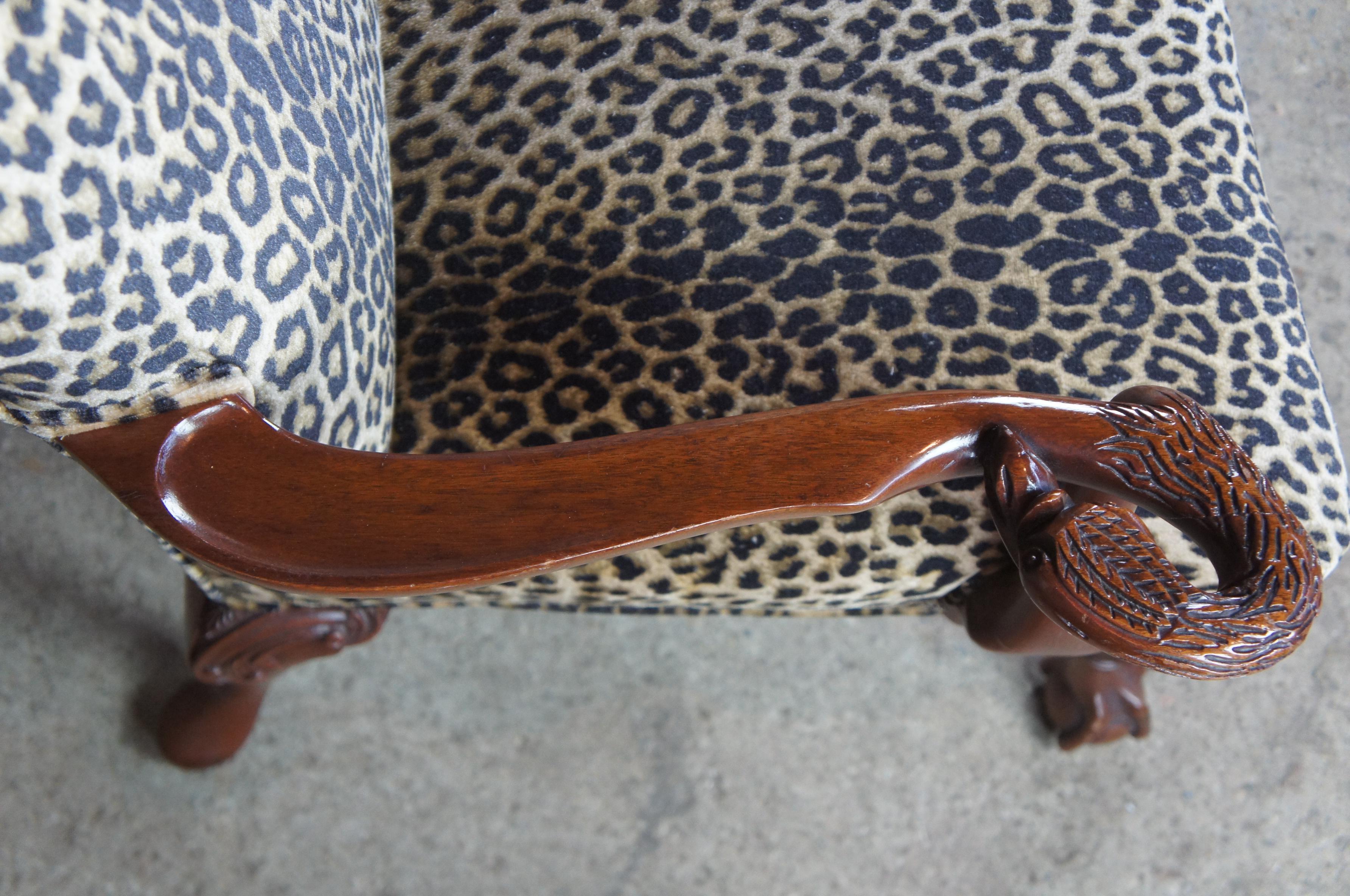 English Chippendale Mahogany Gainsborough Library Armchairs Carved Swan Leopard 4