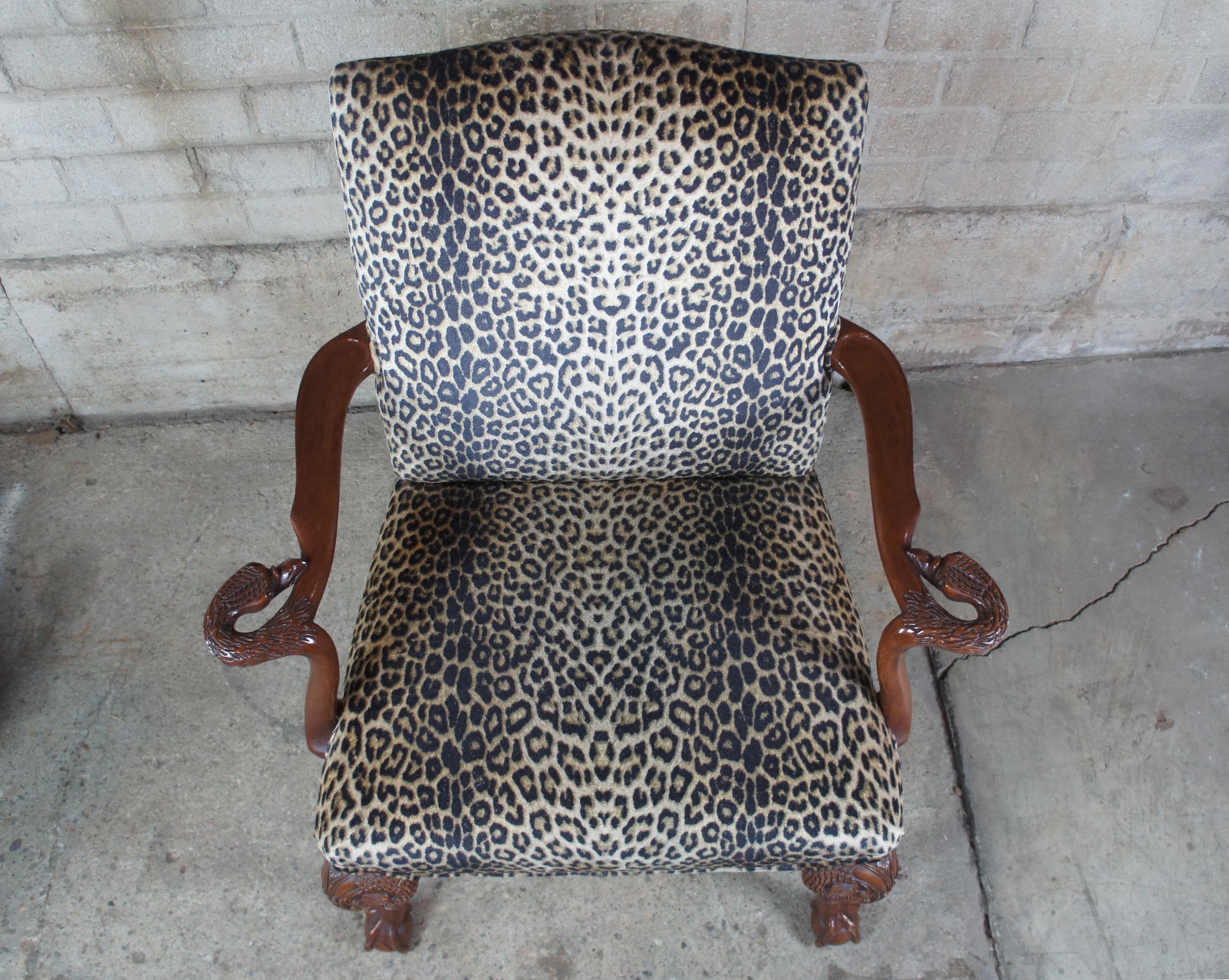 English Chippendale Mahogany Gainsborough Library Armchairs Carved Swan Leopard 5