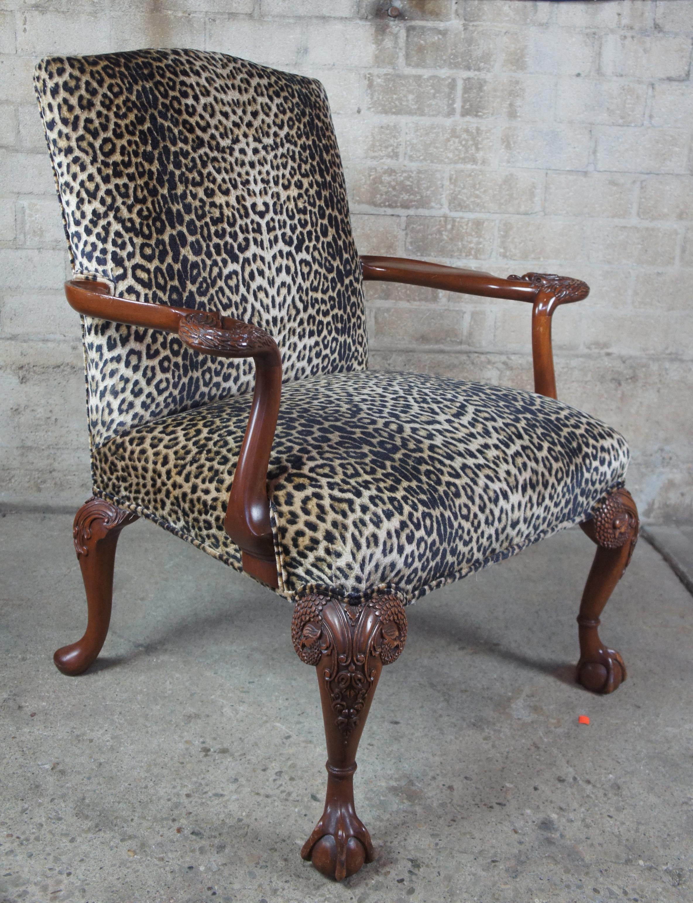 English Chippendale Mahogany Gainsborough Library Armchairs Carved Swan Leopard 7