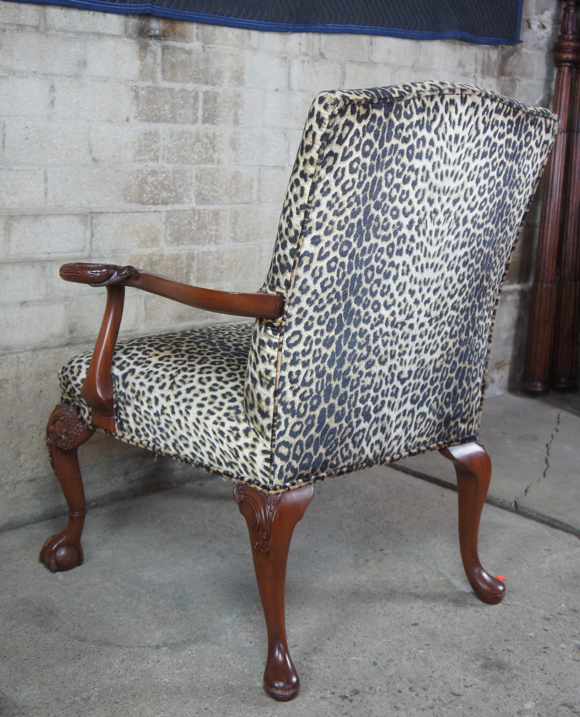 English Chippendale Mahogany Gainsborough Library Armchairs Carved Swan Leopard 2