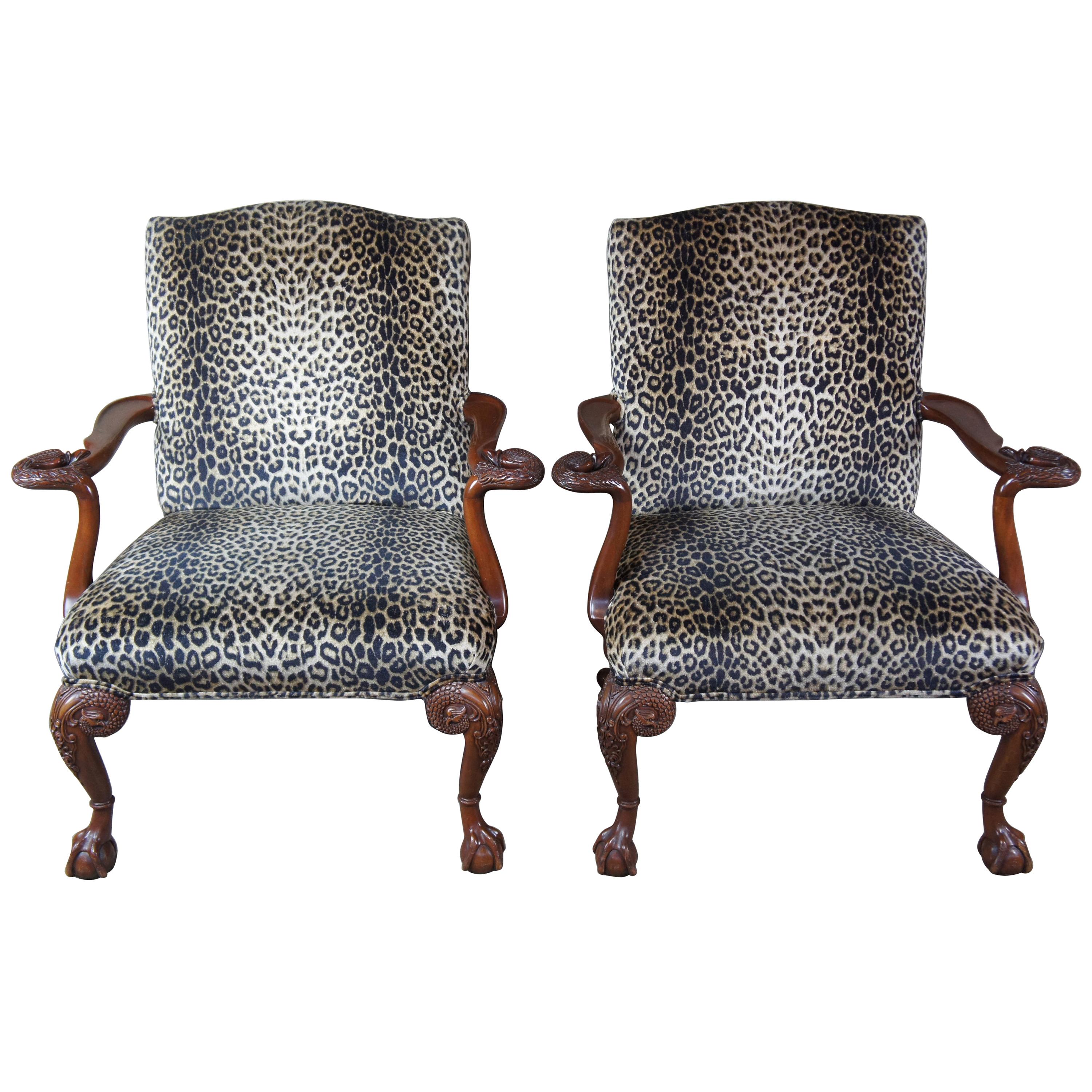 English Chippendale Mahogany Gainsborough Library Armchairs Carved Swan Leopard